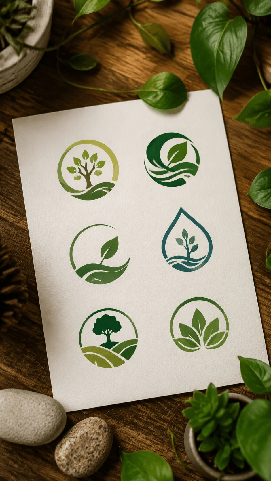 Biophilic logo design ideas inspired by nature featuring green leaf symbols, tree icons, organic shapes and sustainable branding concepts arranged on paper with natural elements around it