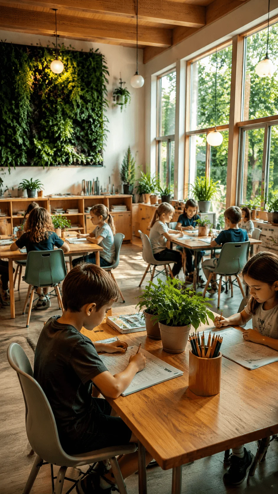 Biophilic school design with nature integrated classrooms featuring students learning in a bright space with indoor plants wooden interiors and natural daylight connections to the outdoors