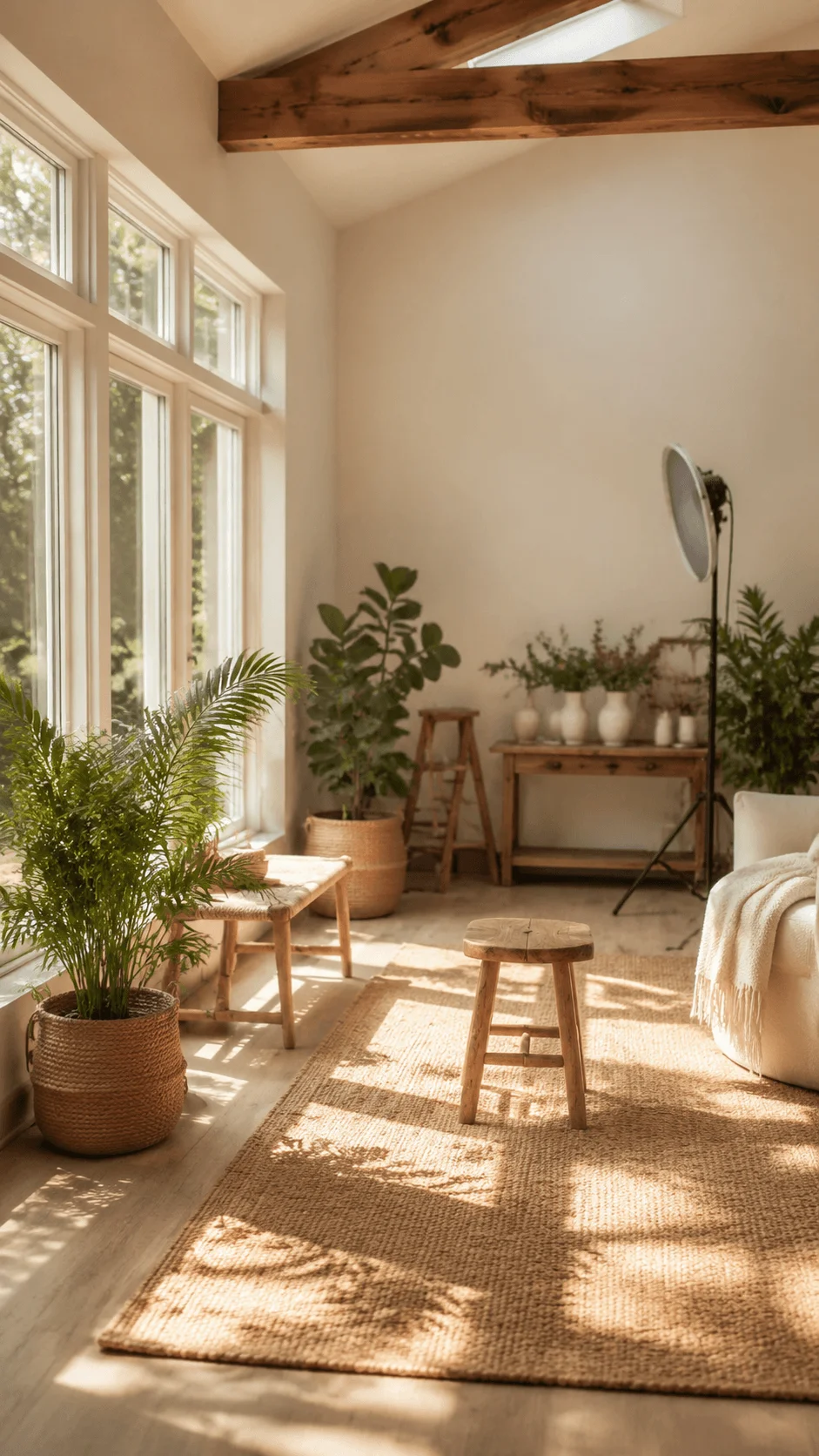 Biophilic photography studio interior featuring natural light wooden beams indoor plants wicker furniture soft neutral decor and sustainable eco friendly design elements