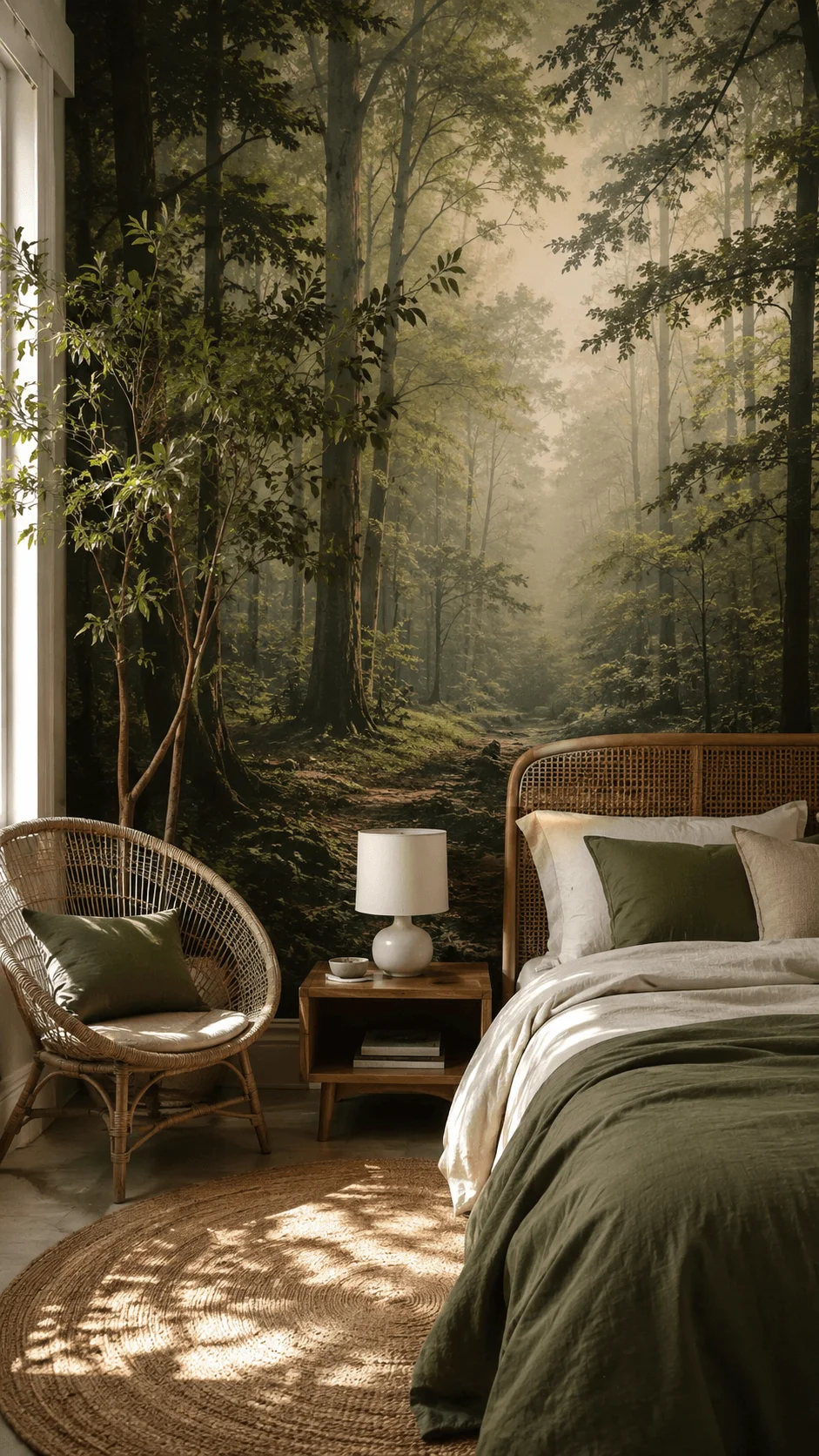 Biophilic wallpaper featuring a peaceful forest landscape mural in a cozy bedroom with natural textures rattan furniture plants and earthy green bedding