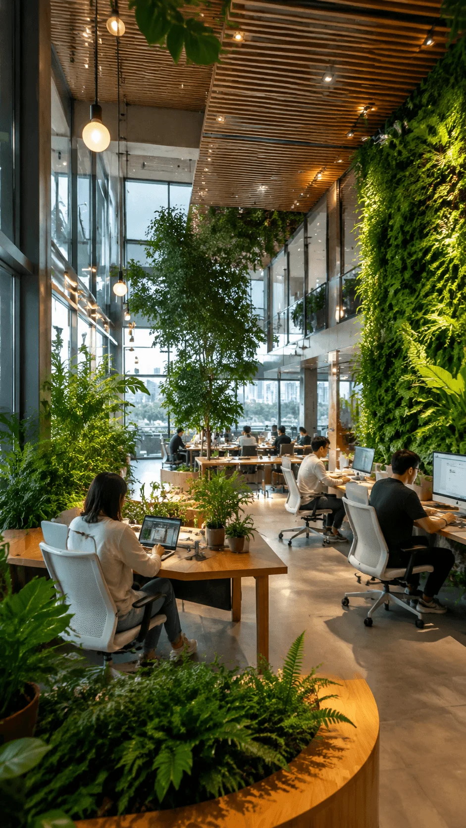 Biophilic workplace design featuring indoor plants living walls natural lighting and a modern office space connecting people with nature