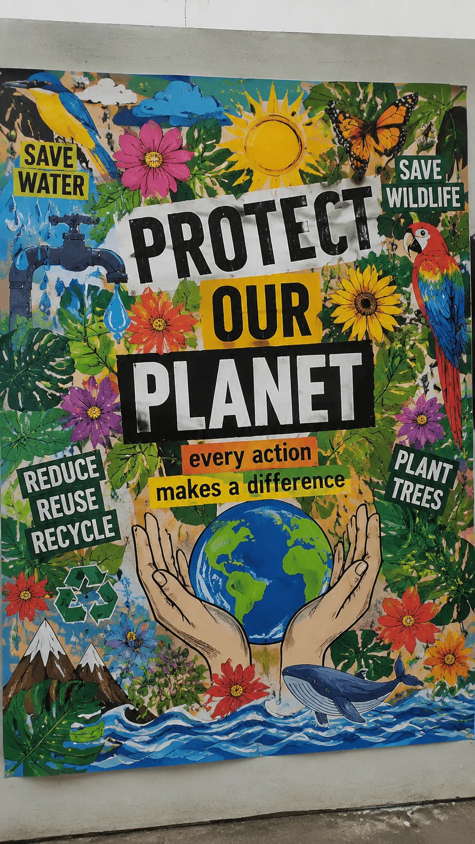 Bold maximalist sustainability poster featuring colorful environmental artwork with planet earth hands wildlife flowers recycling symbols and messages about protecting nature and saving resources