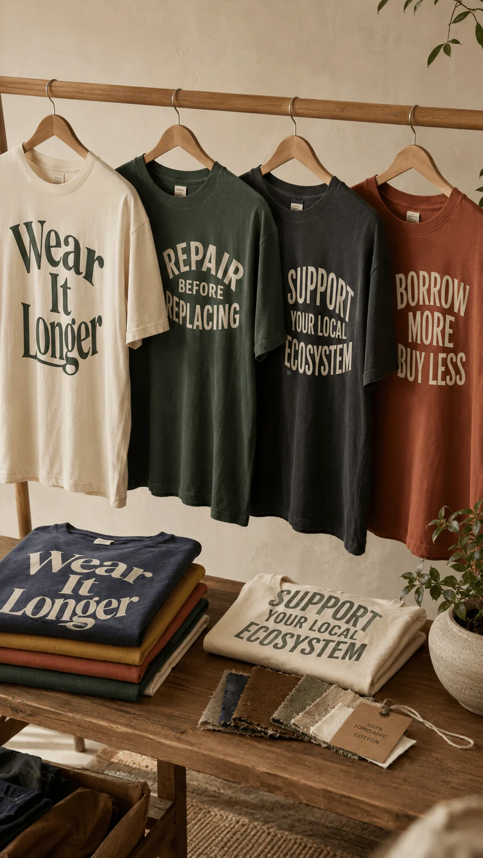 Bold sustainable typography T shirts featuring eco friendly slogans on organic cotton apparel promoting repair reuse conservation and responsible fashion