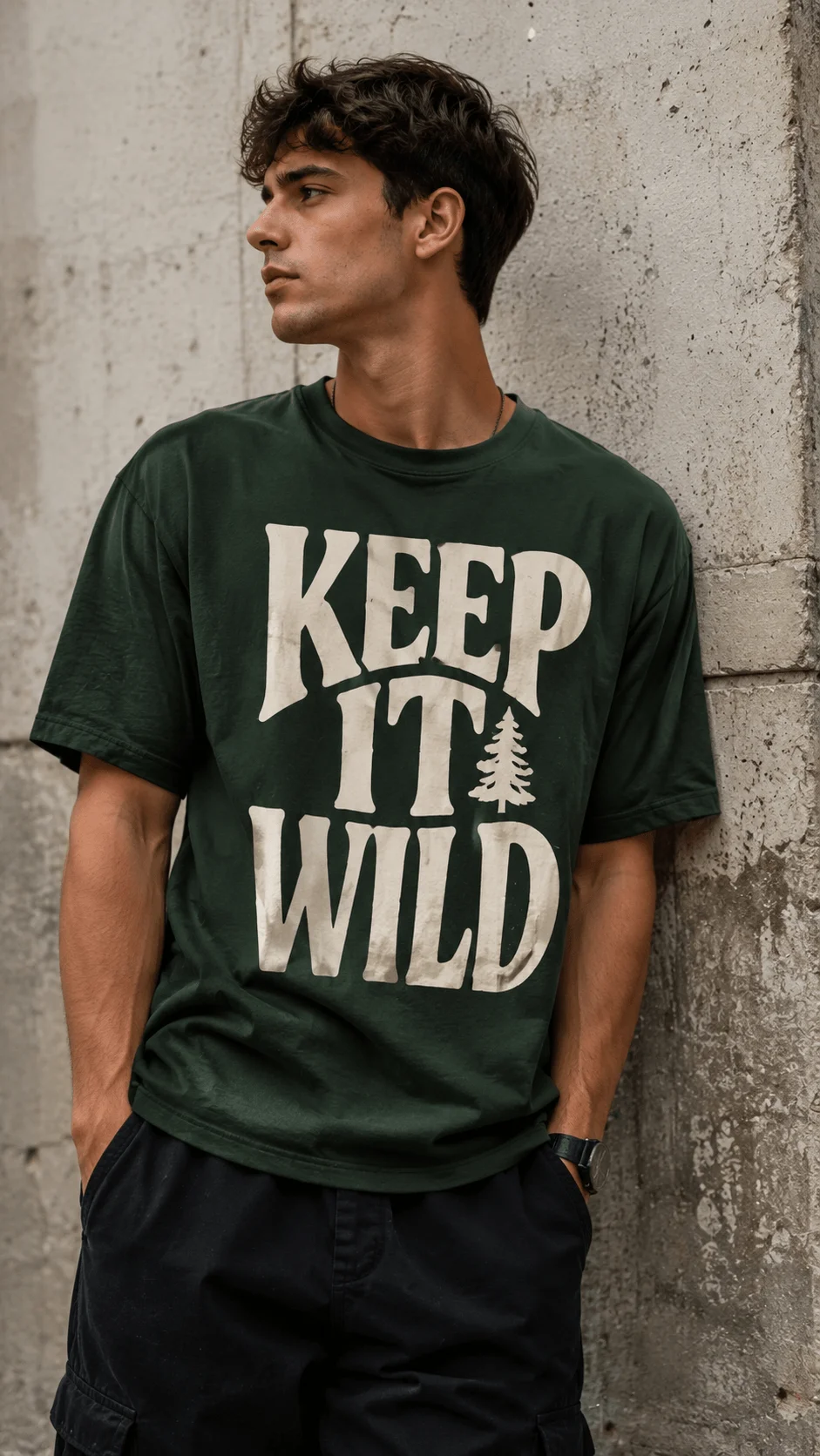 Bold typography green tshirt template featuring oversized Keep It Wild lettering with minimalist outdoor inspired design on a dark green shirt worn in a realistic lifestyle mockup