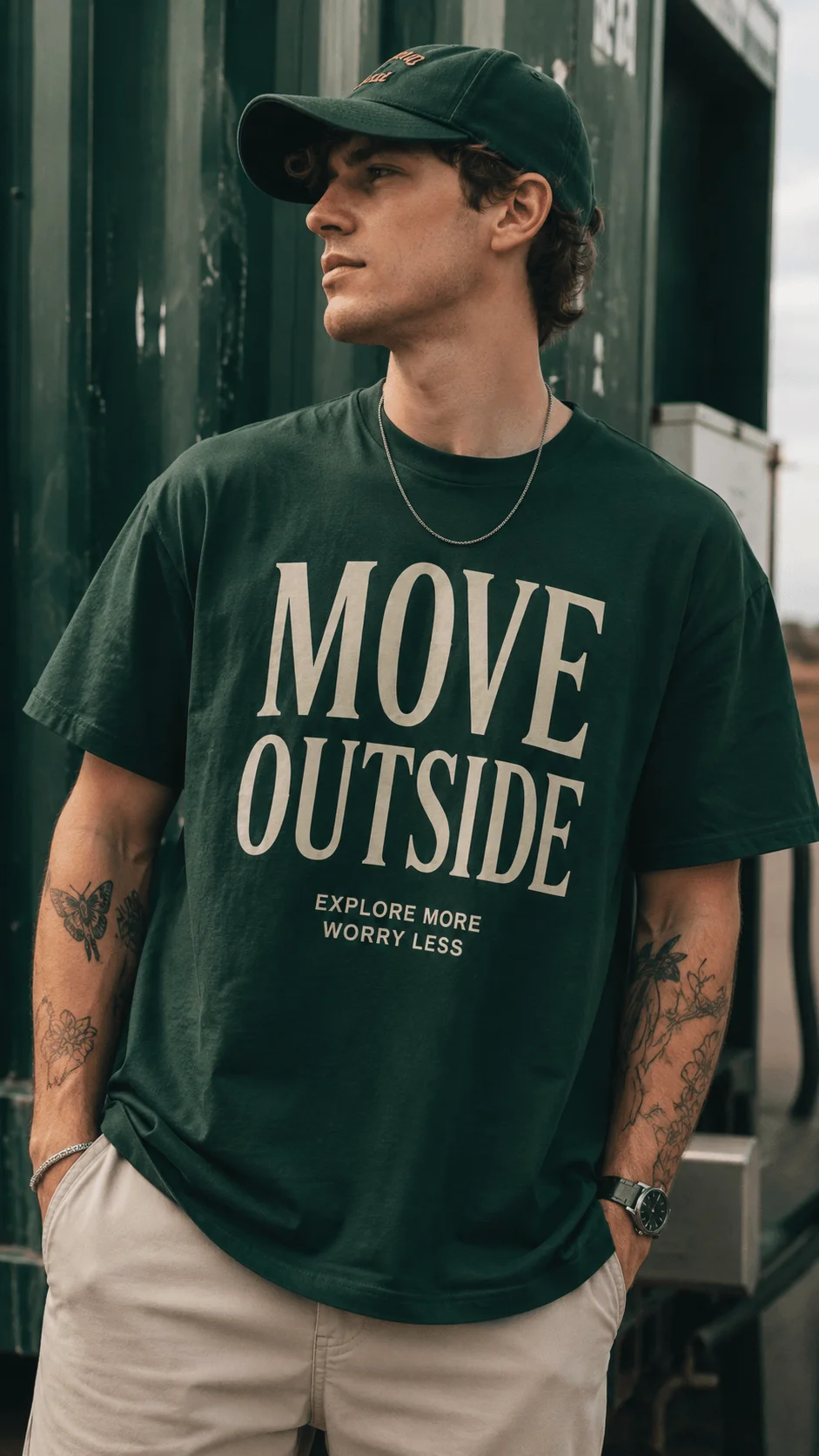 Man wearing a dark green graphic T shirt with bold Move Outside typography and casual streetwear styling