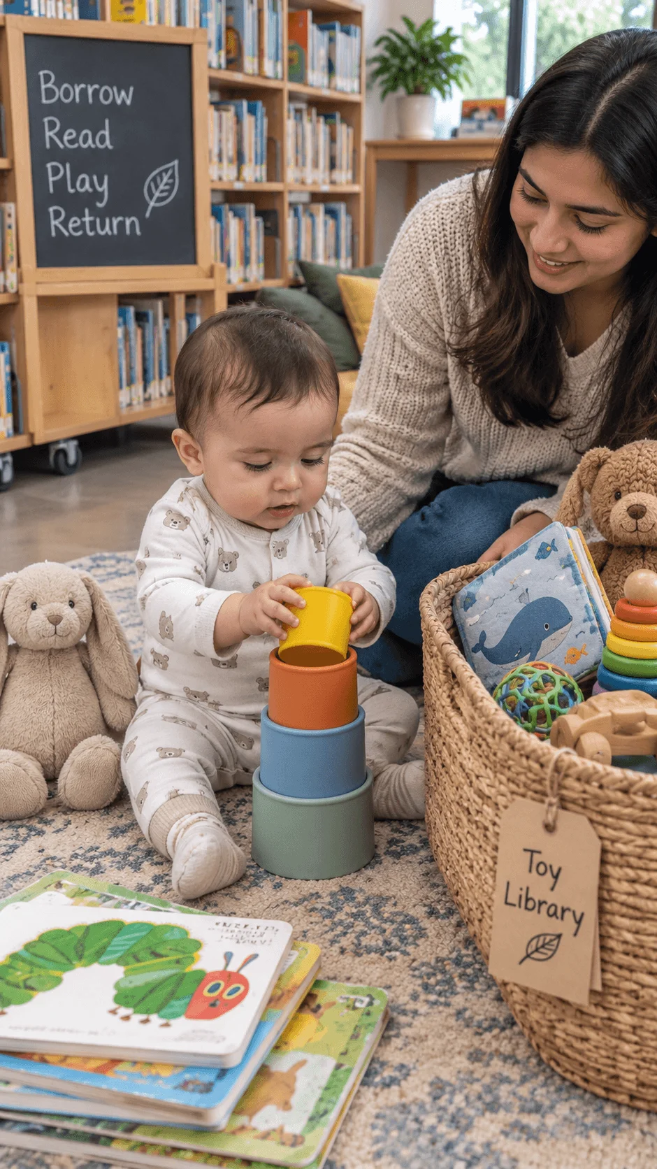 Baby playing with borrowed books and toys at a sustainable community toy library