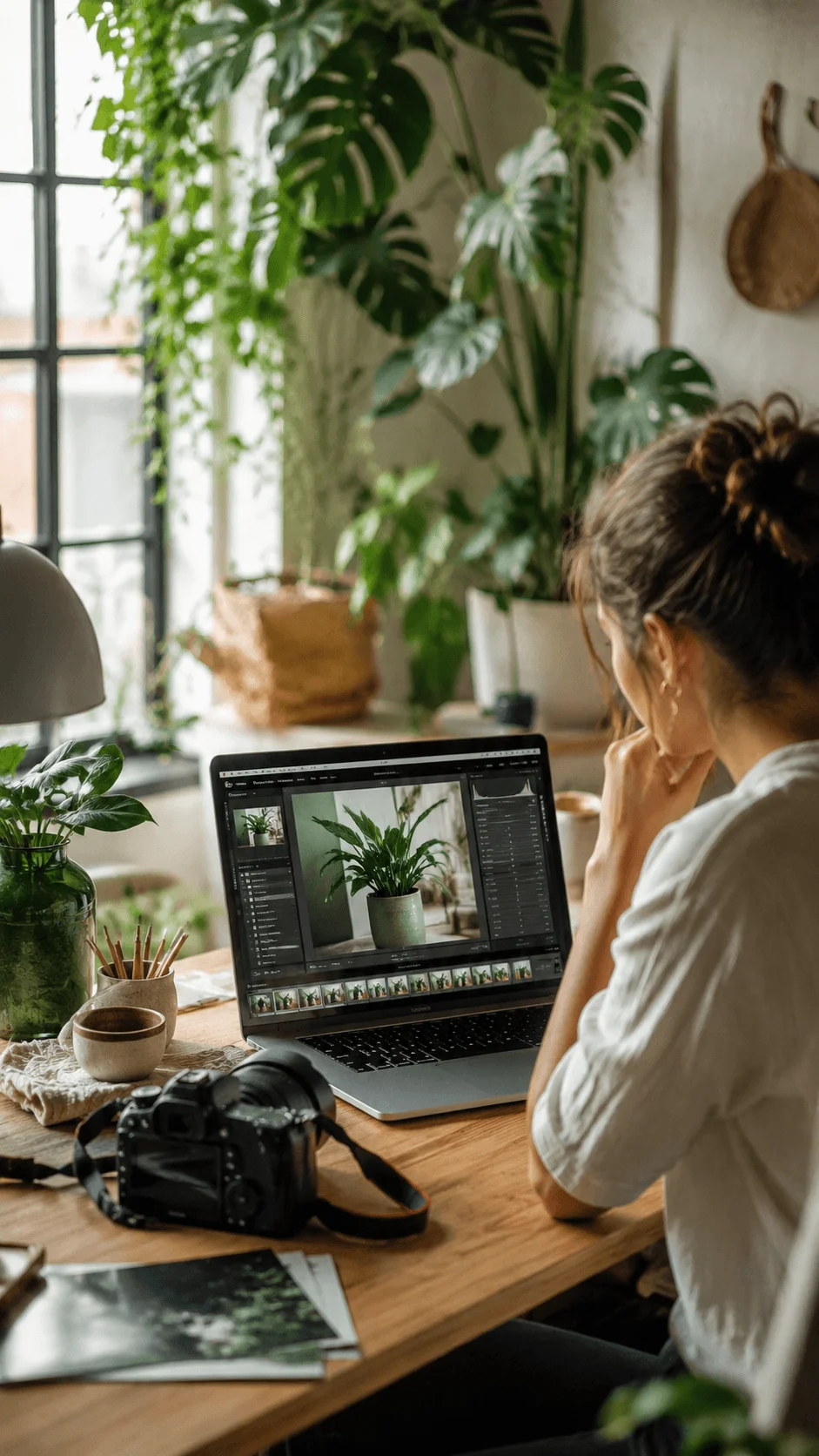 Photographer editing a botanical plant image on a laptop in a bright natural workspace with green plants camera equipment and organic styling elements