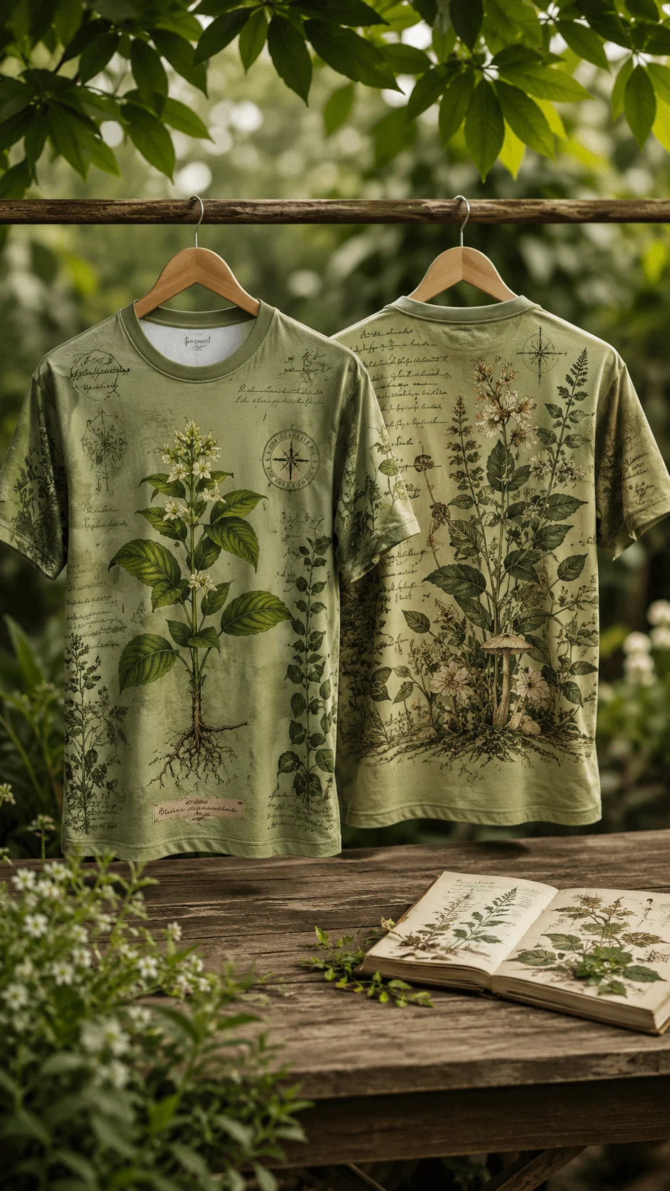 Botanical green sublimation shirt design shown from the front and back with detailed plant illustrations handwritten notes flowers leaves roots and vintage field journal elements
