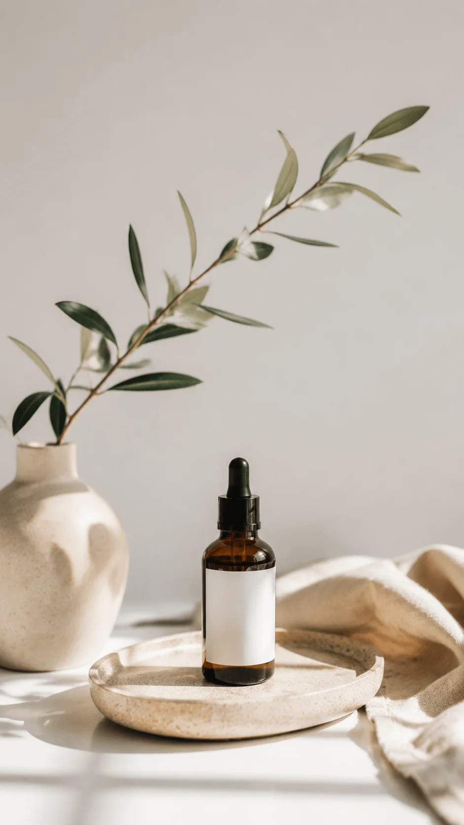 Botanical minimalism photography featuring a skincare bottle on a ceramic tray with a natural branch, ceramic vase, linen fabric, and soft neutral tones creating a clean sustainable aesthetic composition