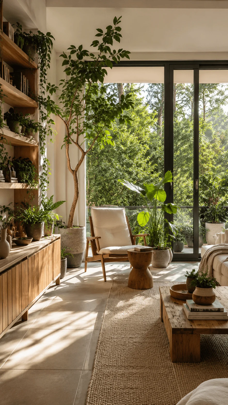 Biophilic living space with indoor plants, natural wooden furniture, large windows, and a peaceful modern interior connected with nature