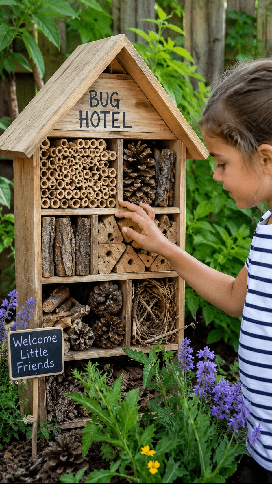 Child exploring a handmade bug hotel filled with bamboo pinecones bark branches and natural materials in a garden