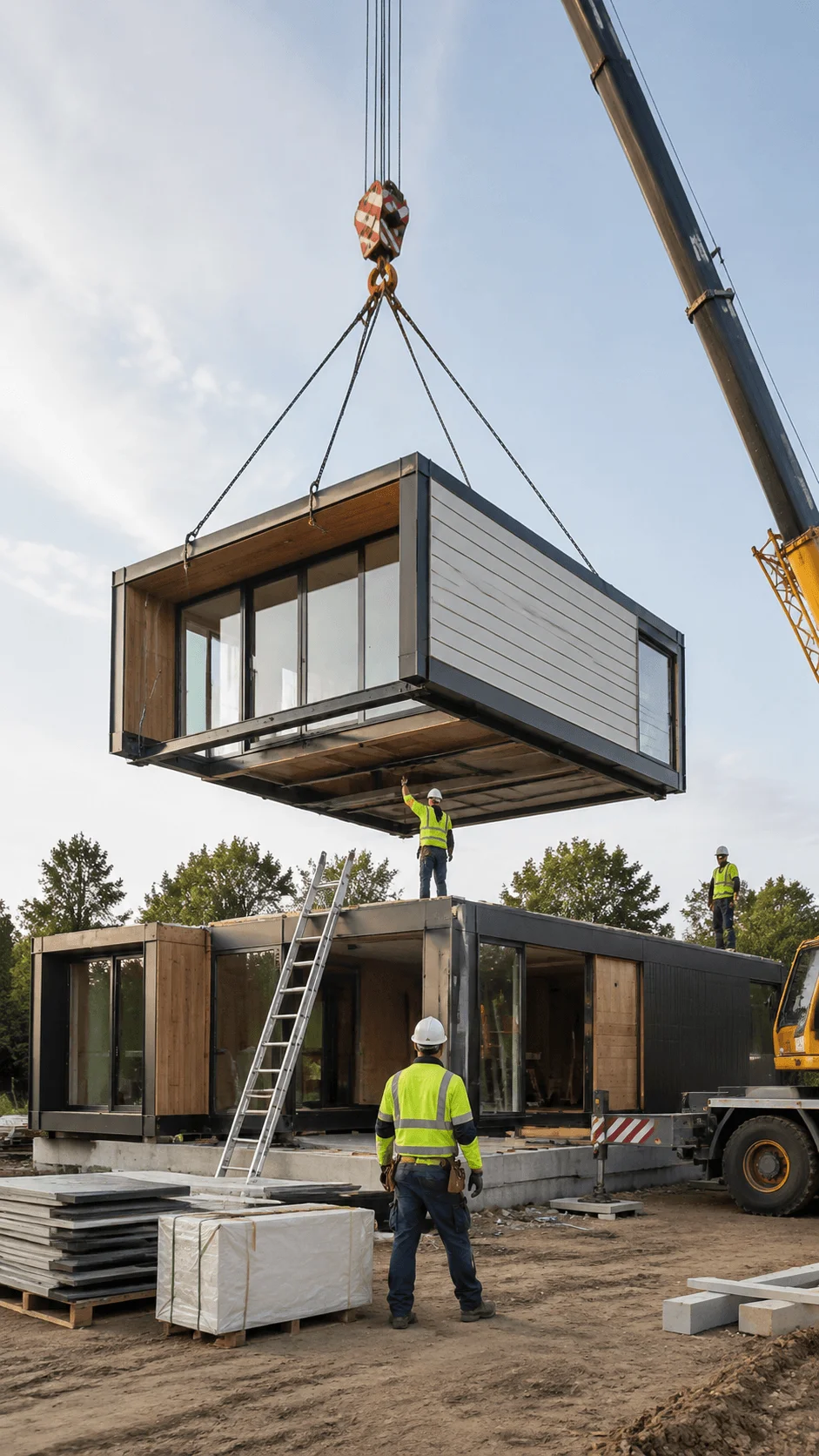 Modular sustainable home under construction using prefabricated building modules for faster assembly reduced material waste and flexible eco friendly housing design