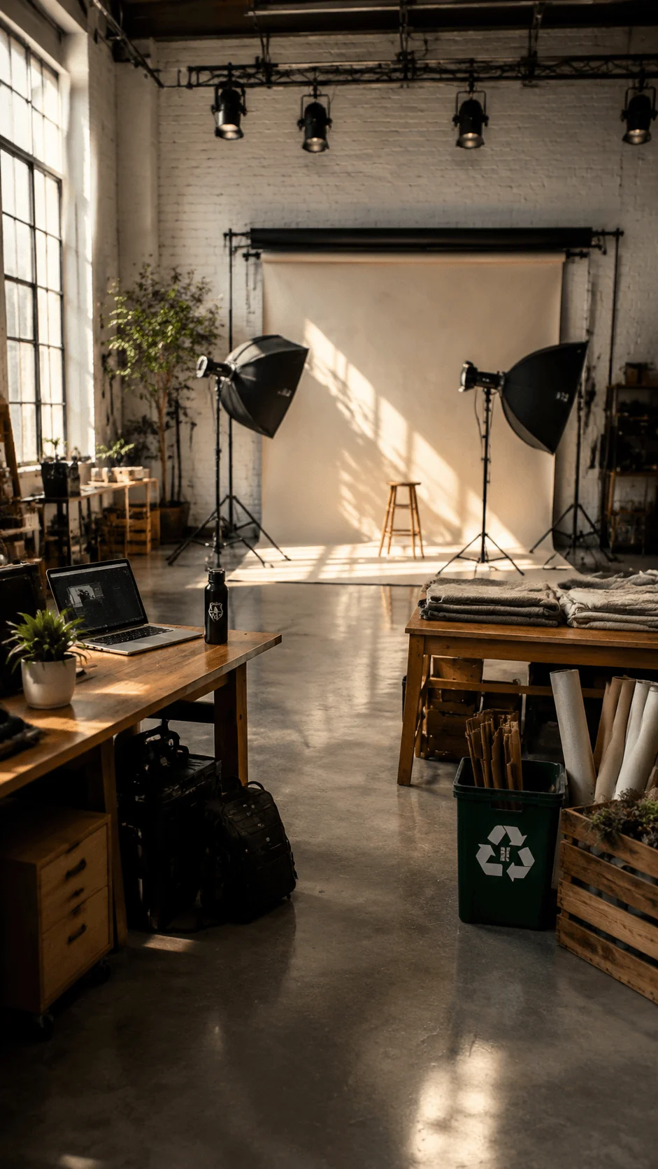 Building sustainable photography studios showing an eco friendly creative studio space with natural lighting, photography equipment, plants, reusable materials, recycling bin, and minimalist workspace design focused on sustainable photography practices