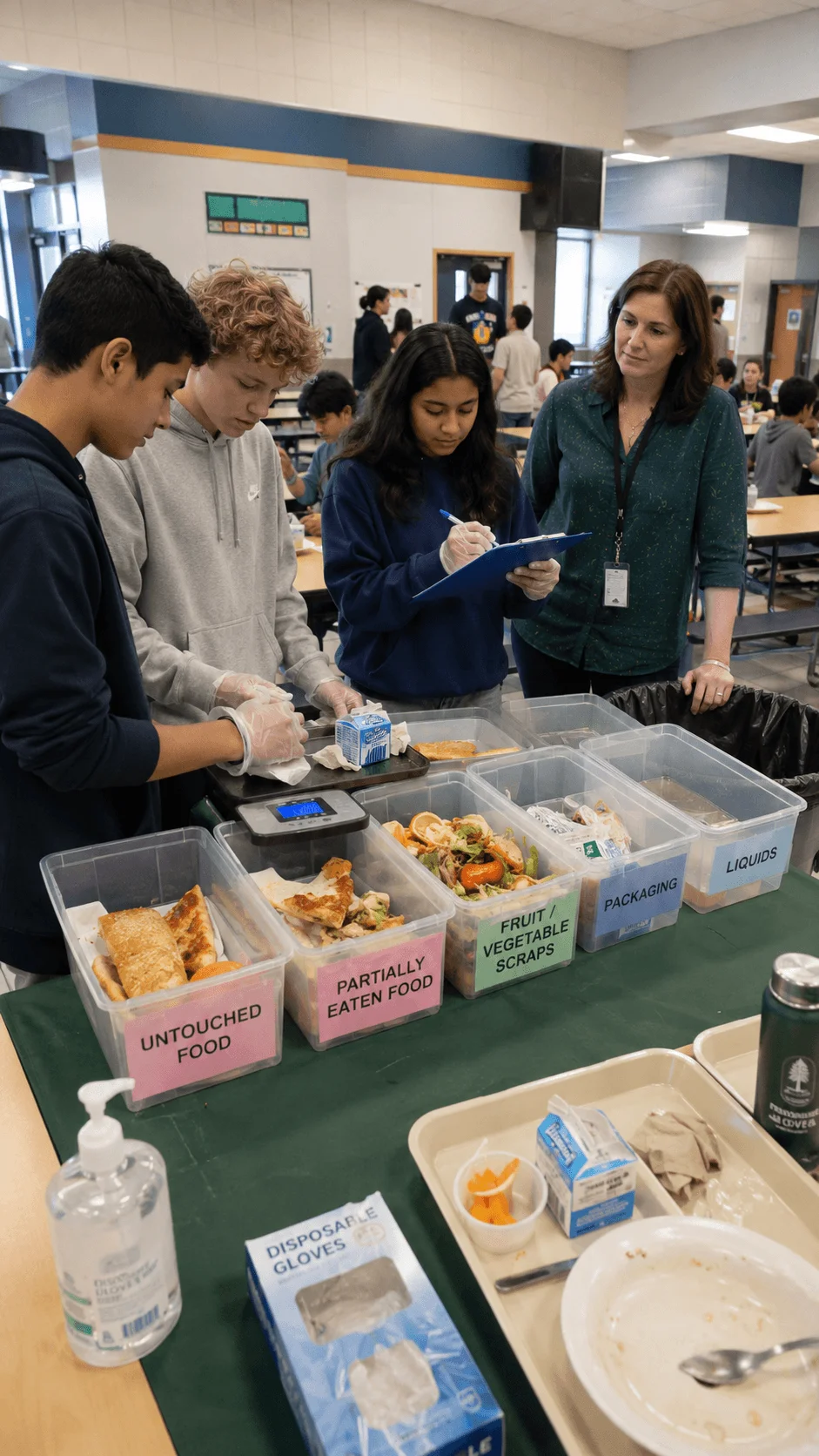 High school students sorting cafeteria food waste into categories to measure waste and improve sustainable school practices