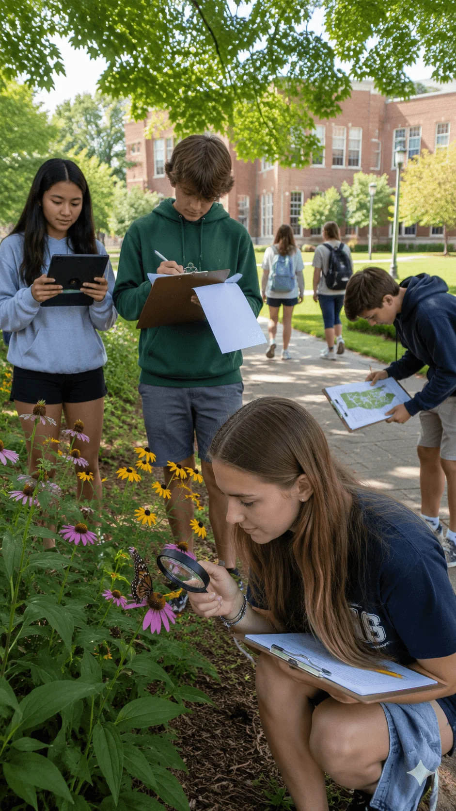 High school students mapping campus biodiversity by observing butterflies flowers and plants during a citizen science activity