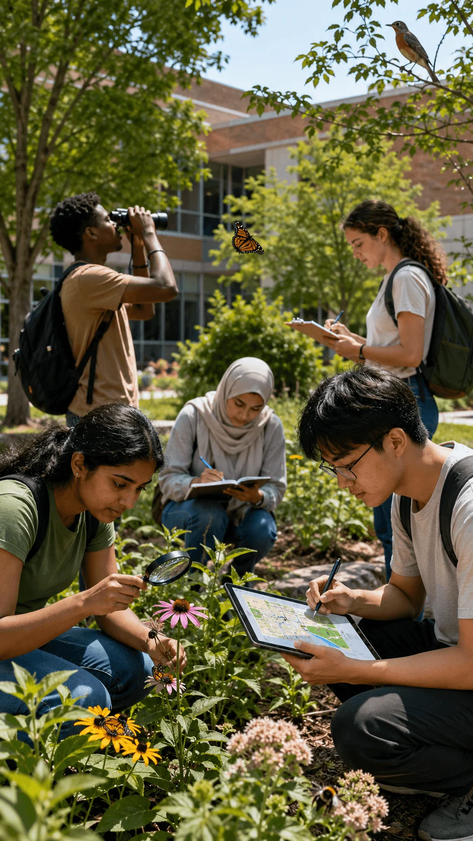 Students observing birds butterflies plants and pollinators while mapping campus biodiversity with citizen science tools
