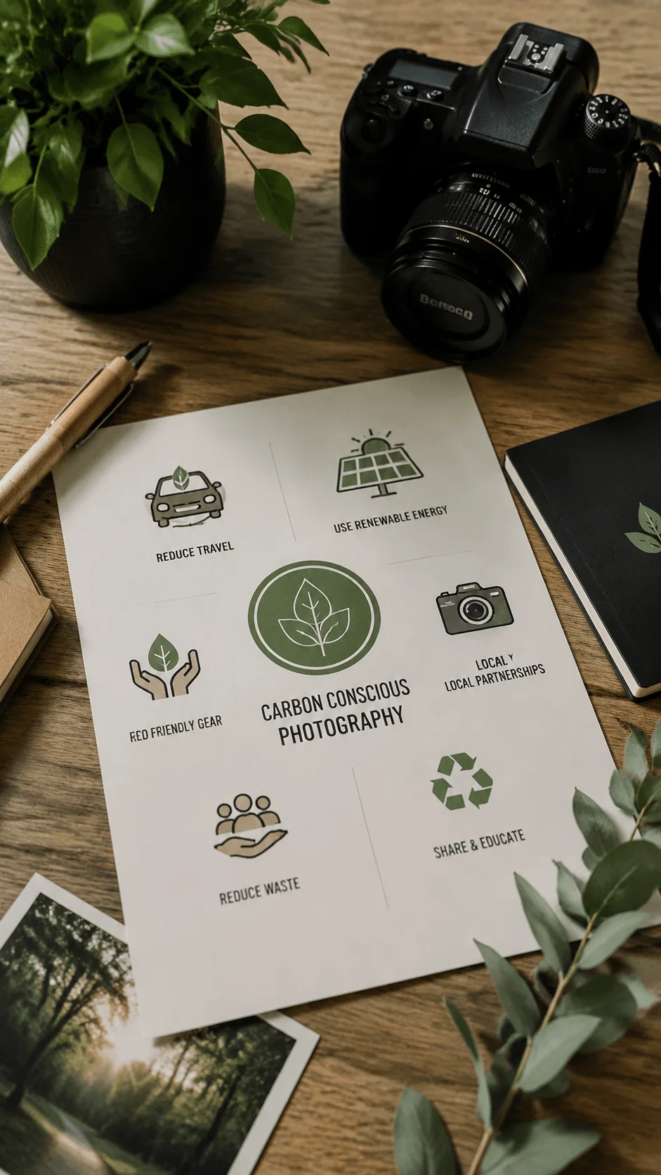 Carbon conscious photography workspace featuring a camera sustainable branding infographic eco friendly photography practices green plants and natural desk setup