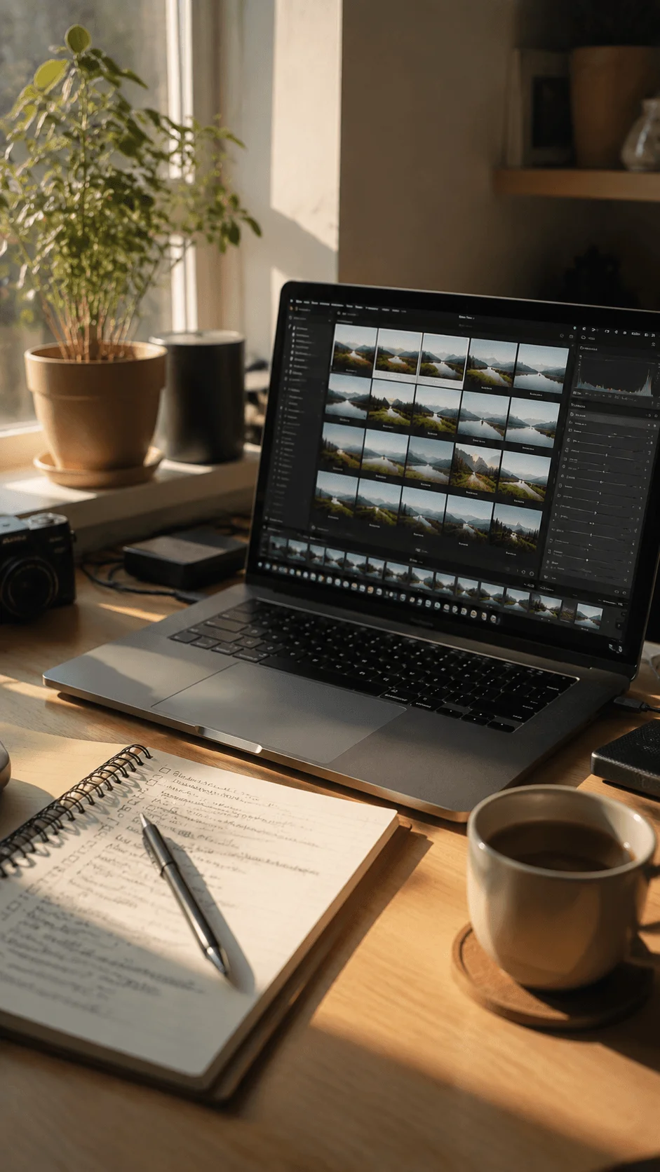Laptop displaying a carbon conscious photo editing workflow with landscape images in a warm sustainable workspace featuring a camera notebook coffee and indoor plants