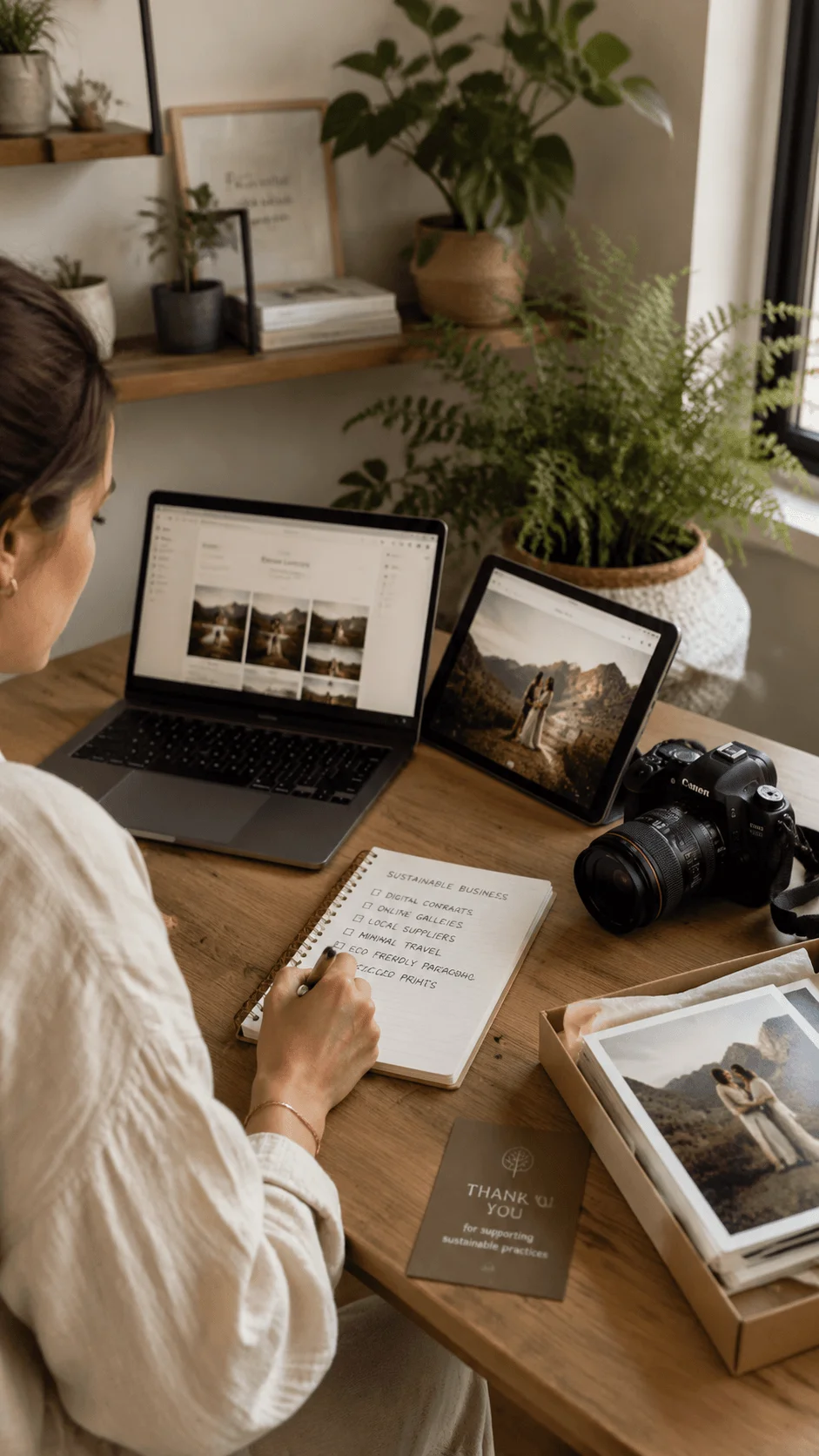 Carbon conscious photography business showing a sustainable photographer workspace with digital galleries, eco friendly planning, online tools, camera equipment, and printed photographs arranged in a natural creative studio setting