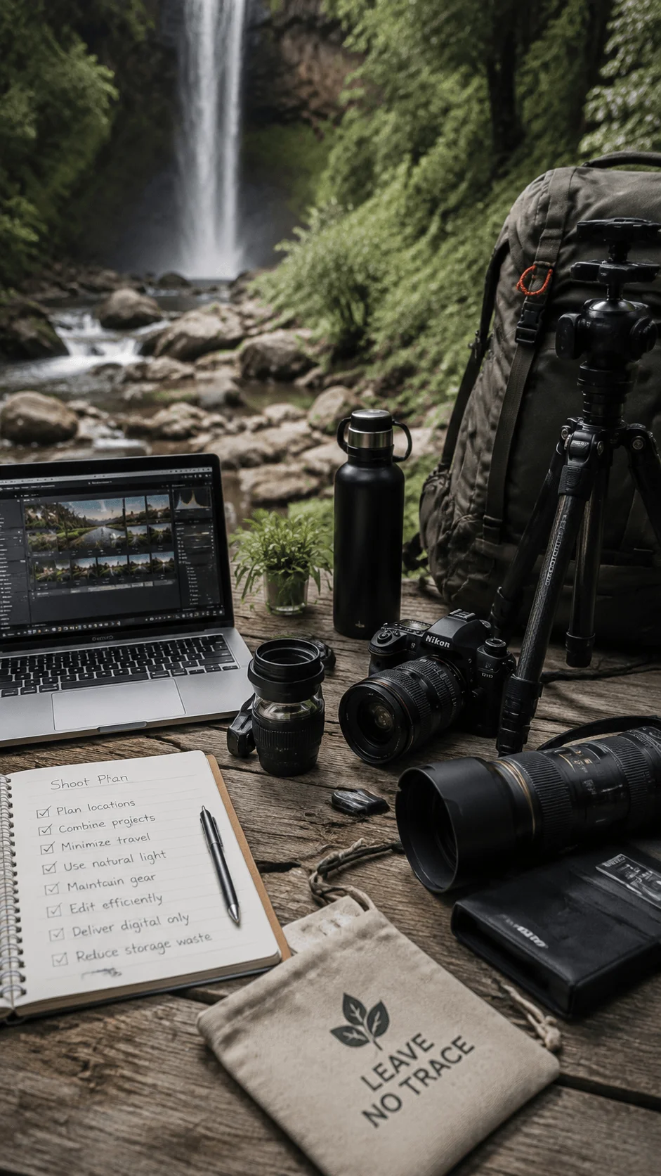 Carbon conscious photography workspace with camera gear, laptop editing setup, reusable bottle, notebook, and sustainable travel equipment in a natural outdoor setting