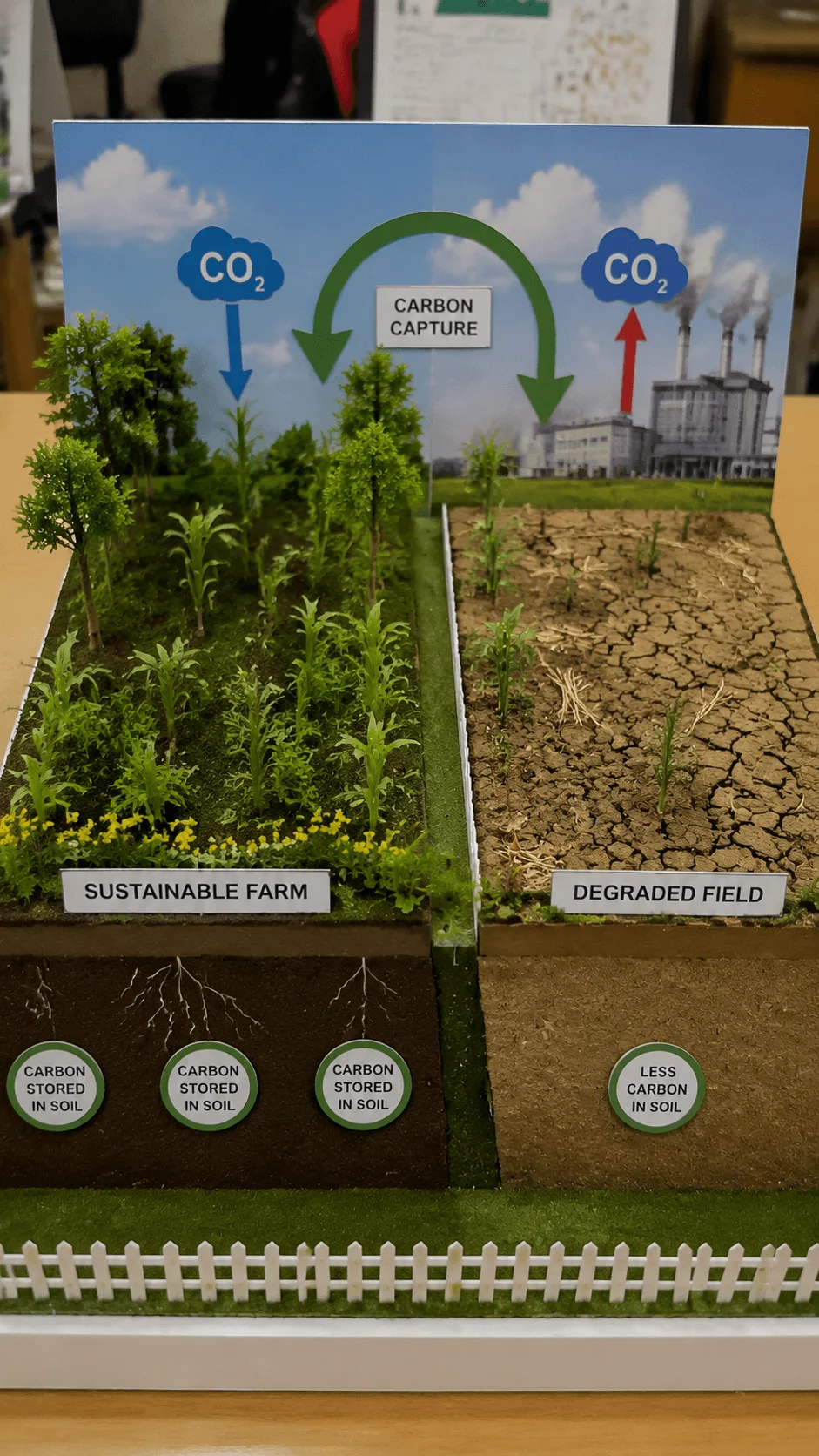 Carbon farming model showing sustainable farm and degraded field comparison with carbon capture, soil carbon storage, healthy crops, trees, and climate friendly agricultural practices