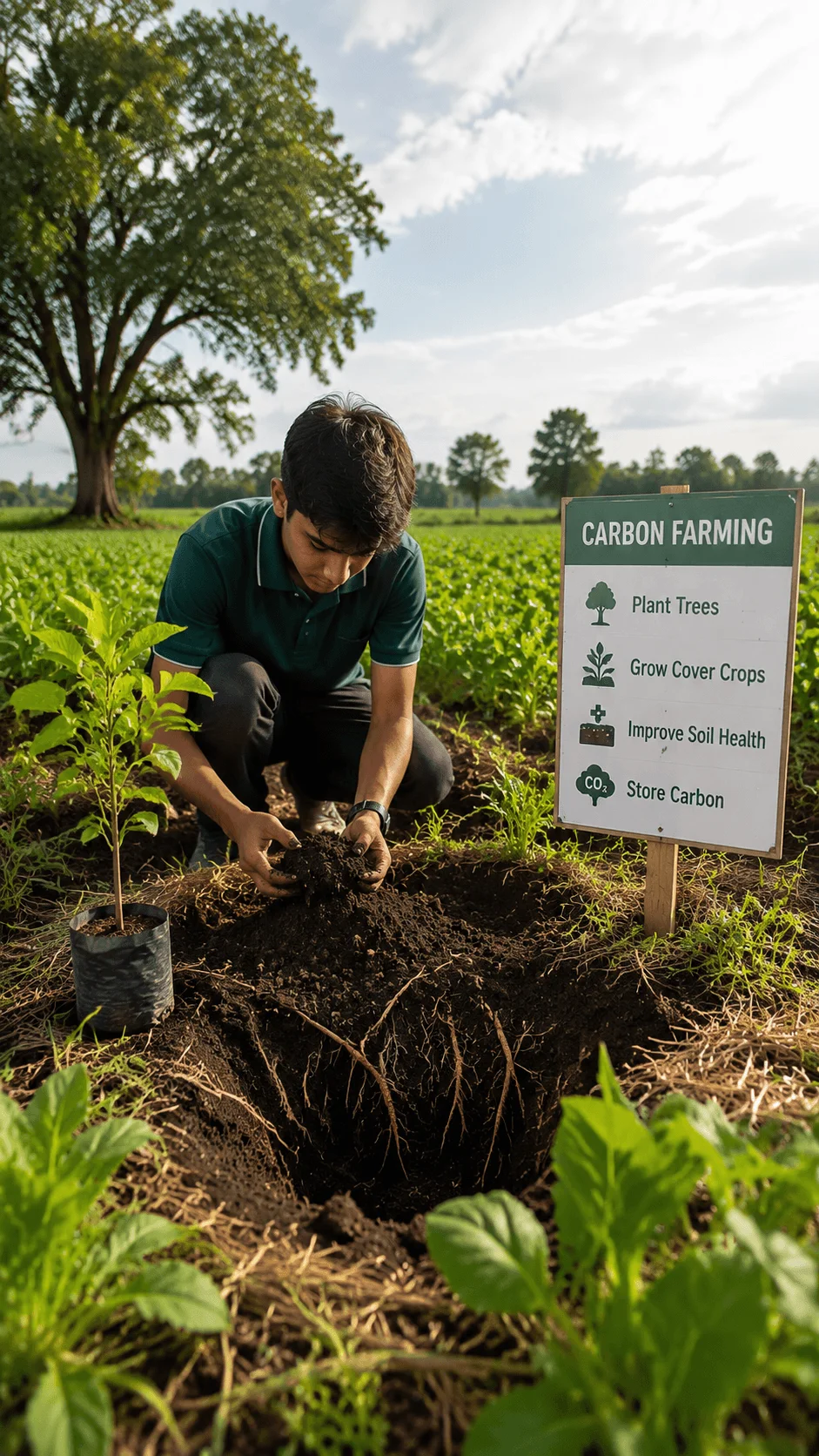 Person demonstrating a carbon farming project by improving soil health, planting trees, growing cover crops, and practicing sustainable agriculture methods to store carbon and protect the environment