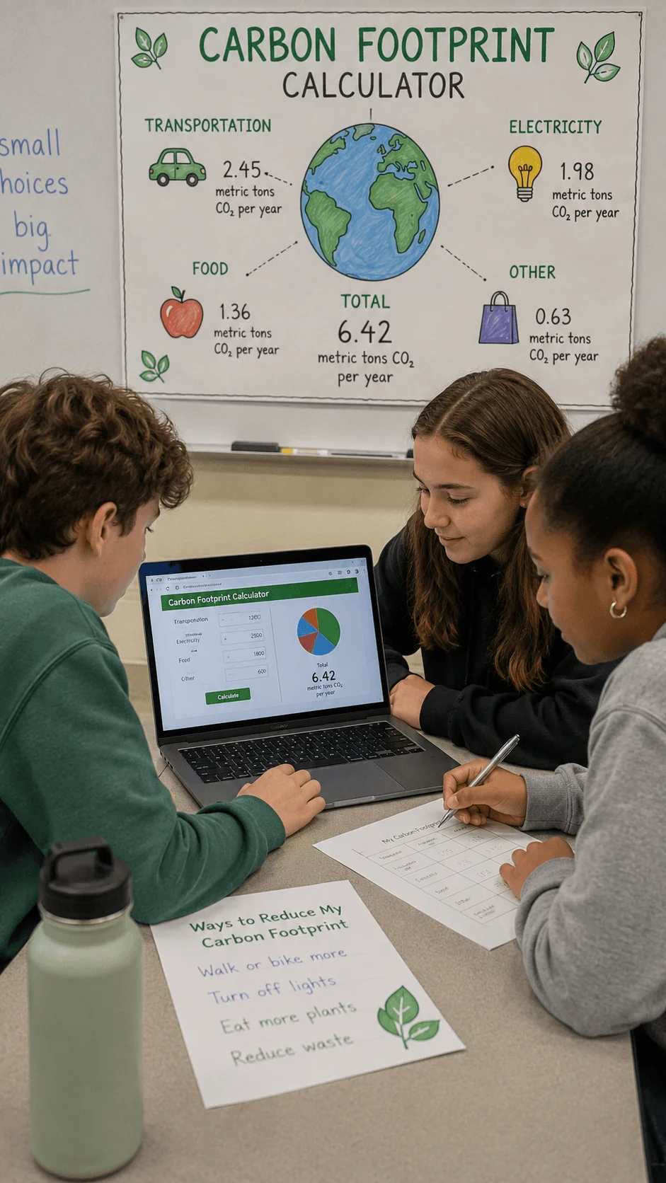 Students working on a carbon footprint calculator project by analyzing transportation electricity food and consumption data on a laptop while calculating environmental impact and discussing ways to reduce carbon emissions in a classroom.