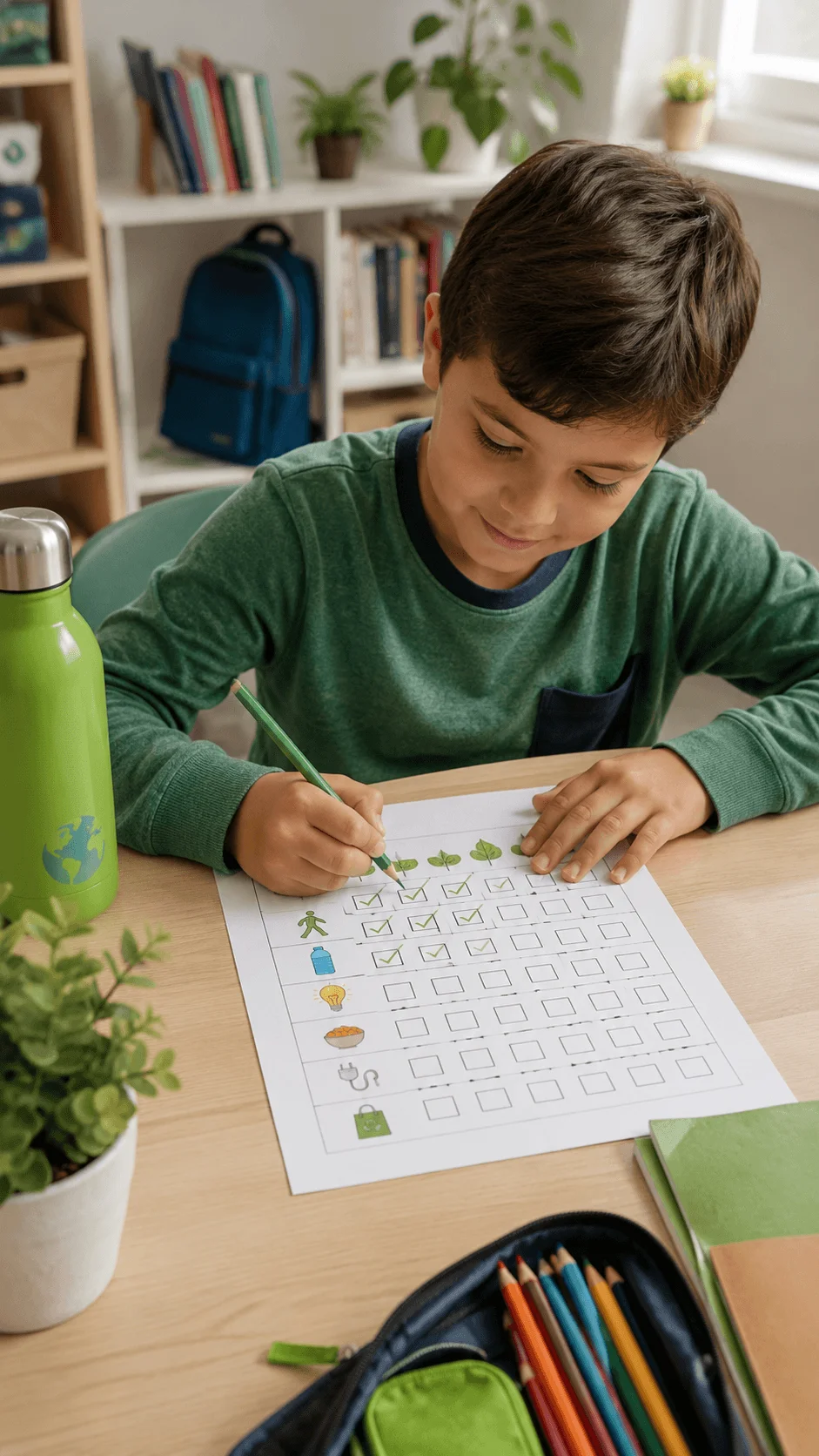 Child completing a carbon footprint worksheet at a desk with a reusable green bottle pencils and eco friendly school supplies while tracking sustainable habits on a printable activity sheet
