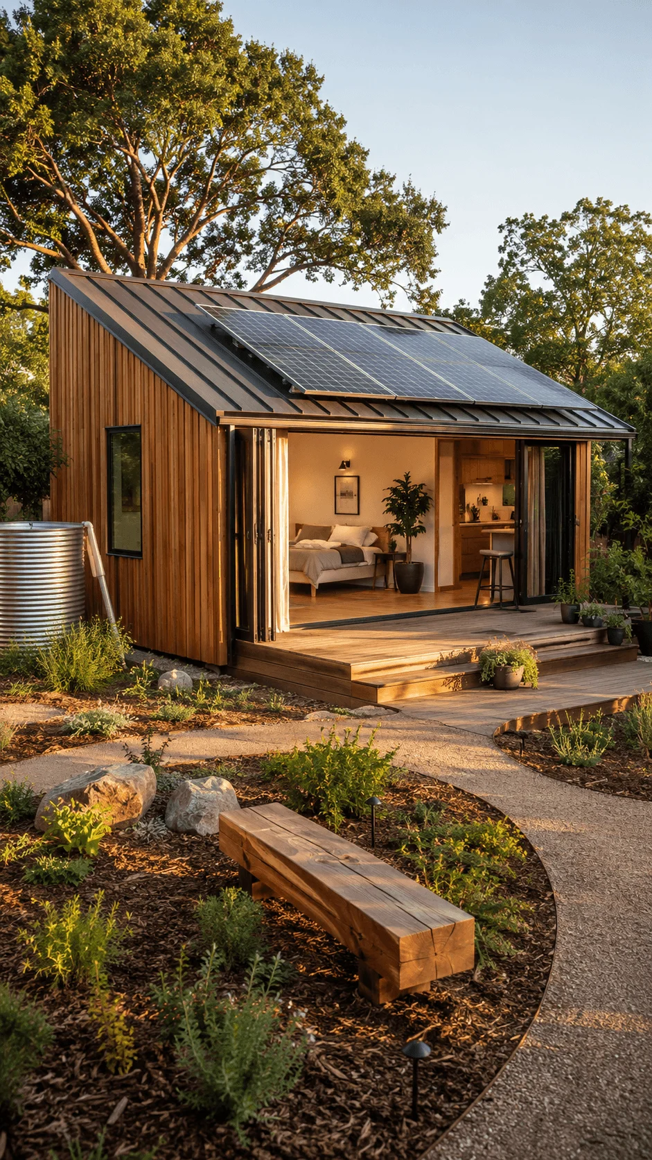 Carbon negative sustainable ADU with rooftop solar panels rainwater harvesting natural wood exterior native landscaping energy efficient design and eco friendly restorative housing surrounded by nature