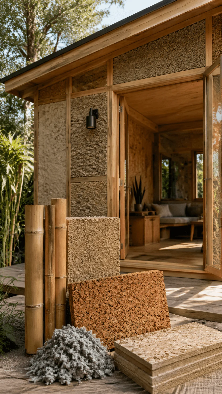Carbon negative building materials showcased in a sustainable mini house with bamboo cork panels and eco friendly natural construction elements