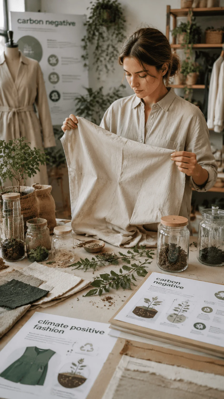 Carbon negative fashion design showing a sustainable clothing designer working with eco friendly fabrics, natural materials, plant based elements, and climate positive fashion concepts in a green design studio
