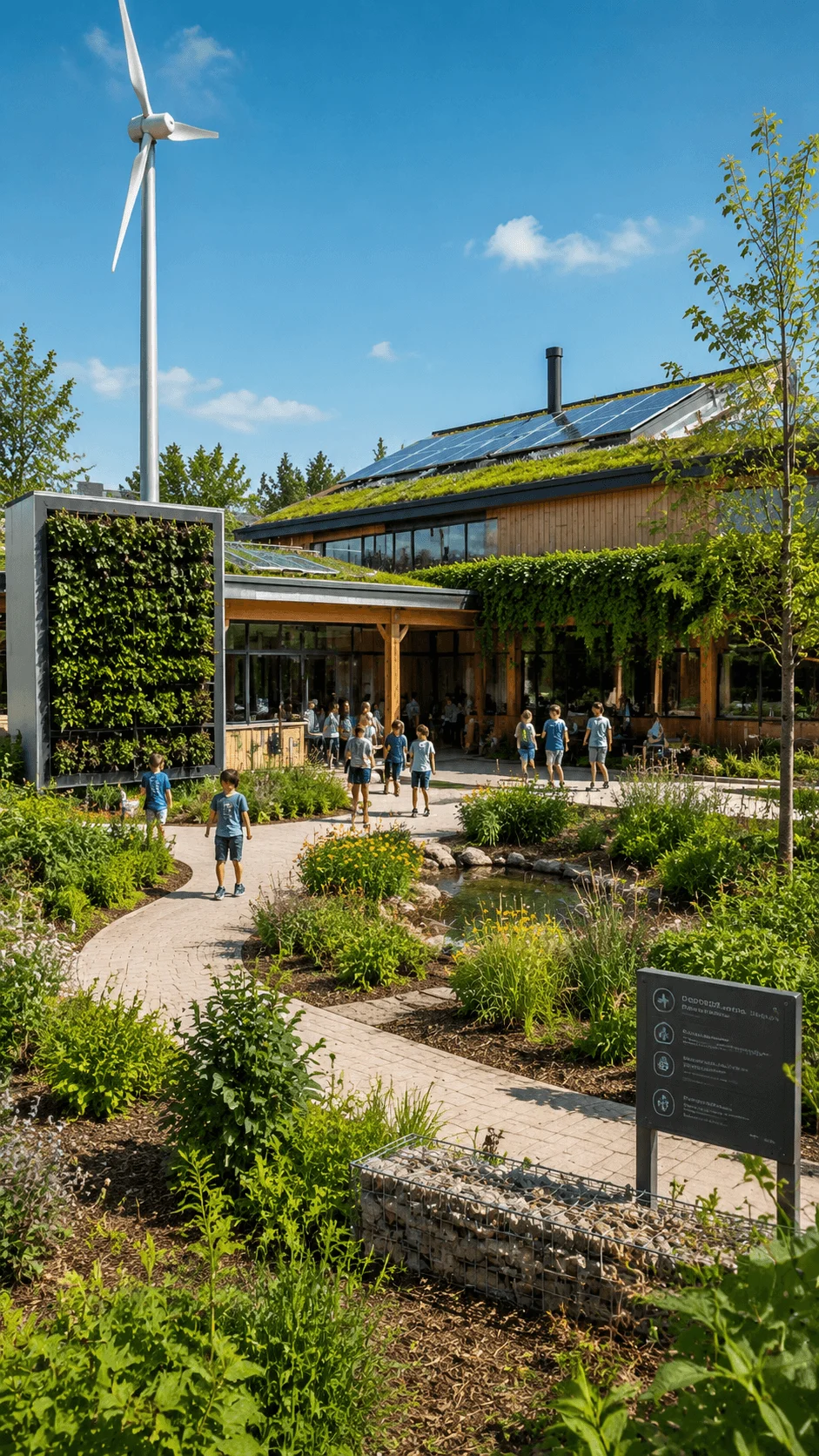 Carbon negative school design featuring a climate positive building with solar panels wind energy green roofs vertical gardens and sustainable landscaping for environmental education