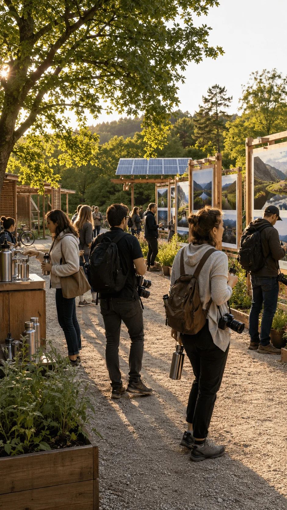 Carbon neutral photography event with visitors exploring outdoor photo exhibitions, renewable solar energy panels, sustainable displays, and nature inspired artwork in a green environment