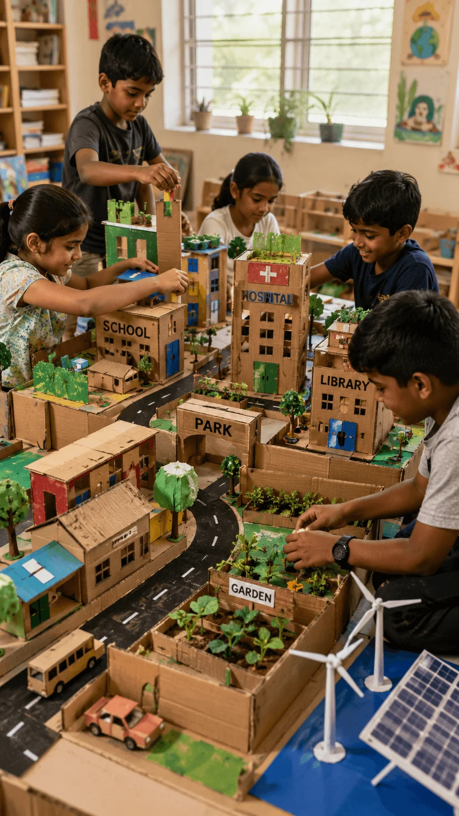 Children building a sustainable cardboard city model featuring a school hospital library park and community garden with recycled materials green spaces solar panels and wind turbines in a classroom learning environment.