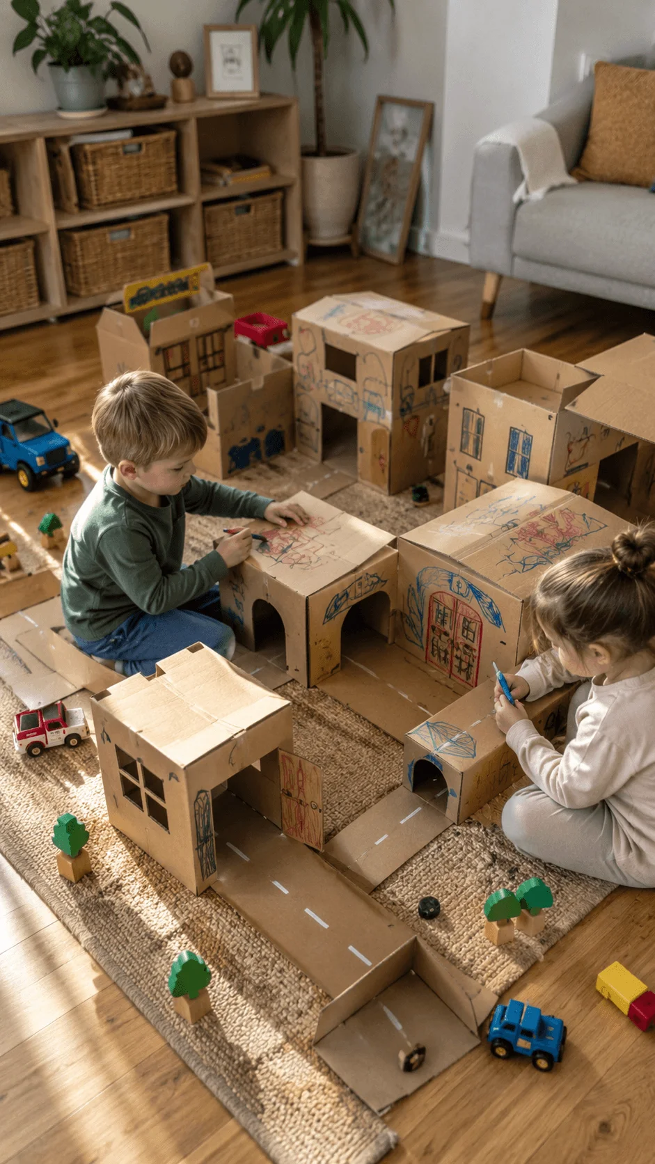 Children building and decorating a pretend town made from reused cardboard delivery boxes