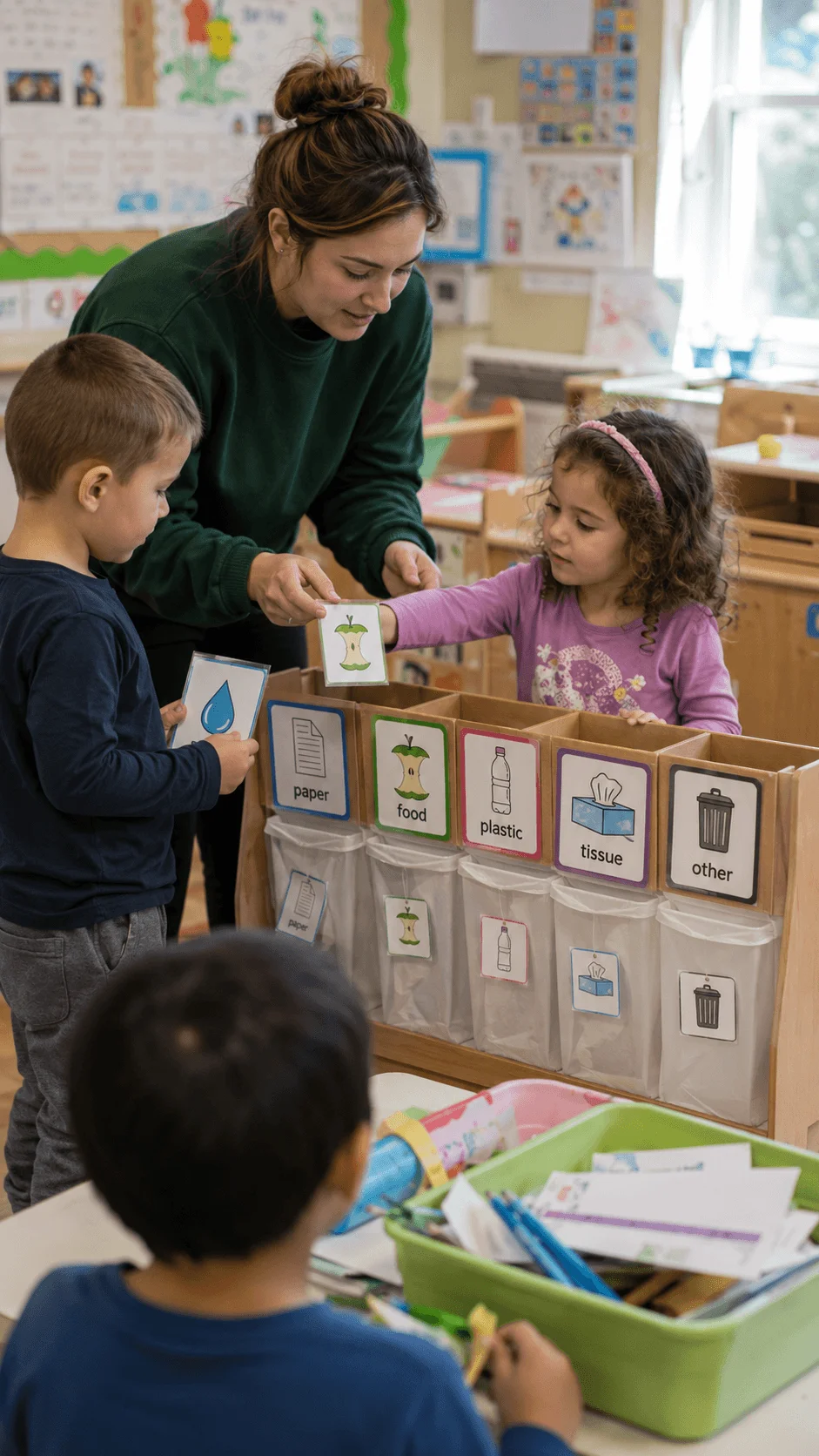 Children sorting paper food plastic tissues and other waste with an educator during a classroom waste investigation activity