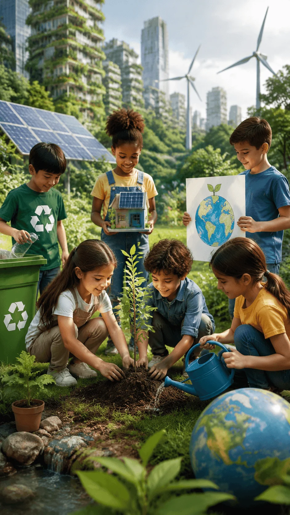 Children creating a sustainable future poster showing kids planting trees, recycling, using renewable energy, and learning about environmental protection in a green city setting