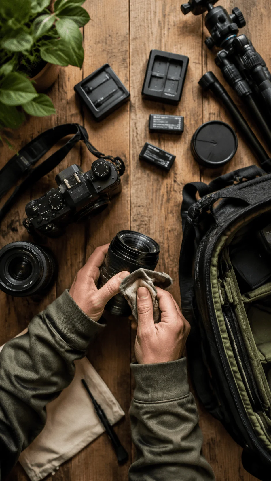 Choosing eco friendly photography equipment showing a photographer cleaning and maintaining a camera lens with reusable tools alongside cameras, lenses, batteries, and gear on a wooden workspace promoting sustainable photography practices