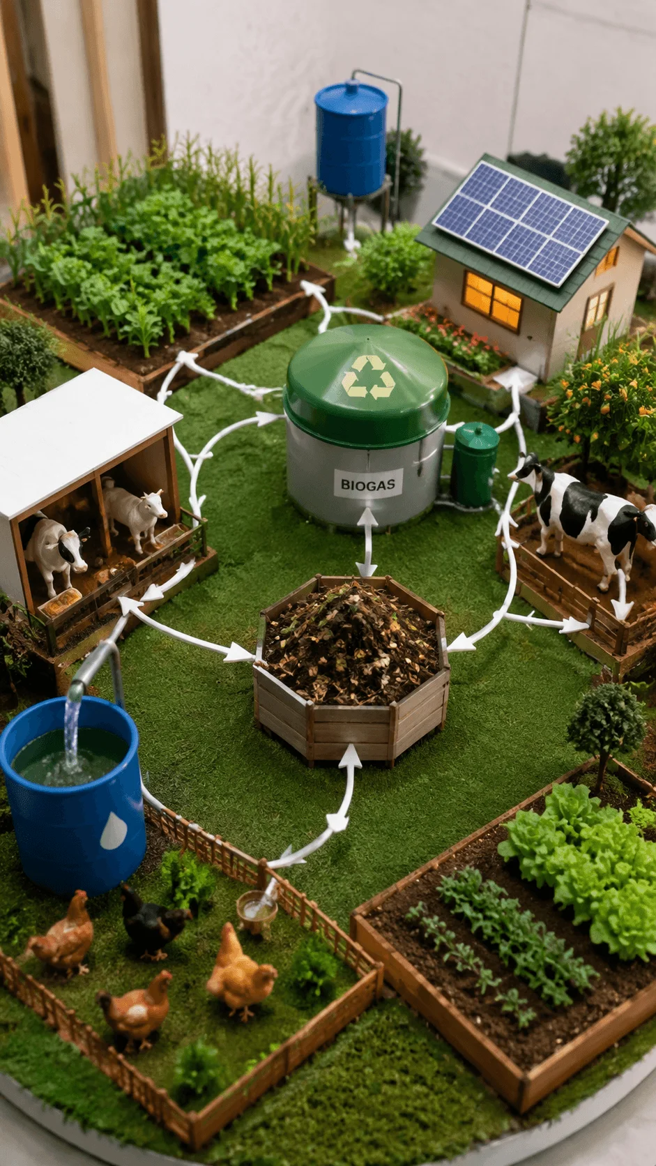 Circular agriculture model showing integrated farming system with crops livestock composting biogas production water recycling and renewable energy for sustainable farming project