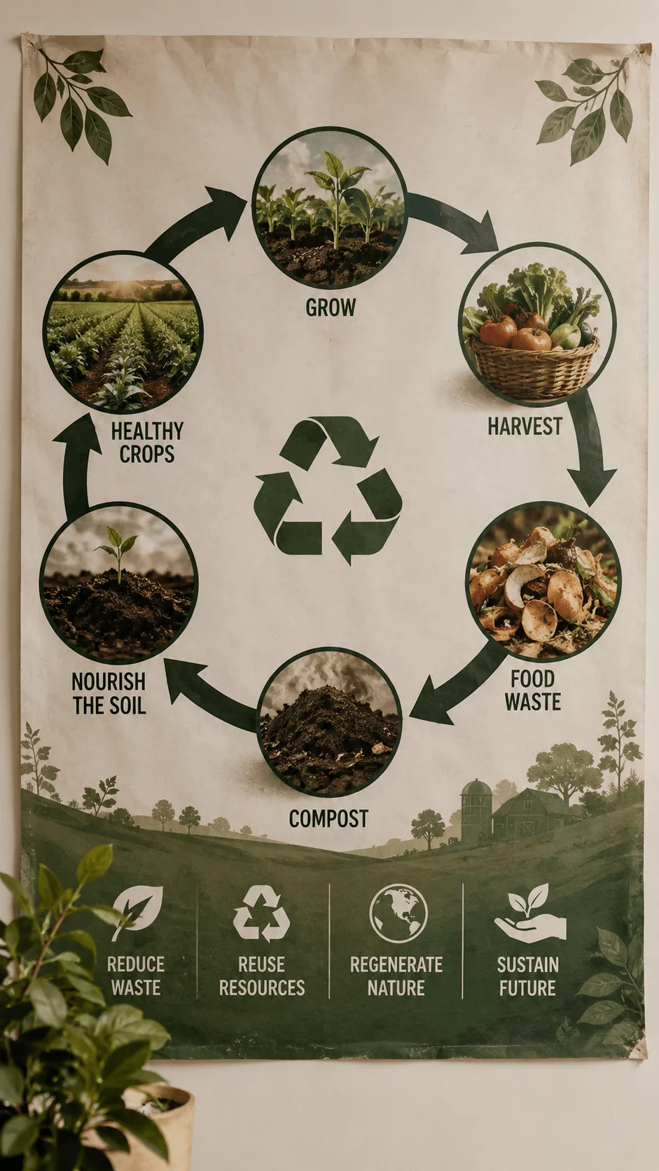 Circular agriculture poster showing sustainable farming cycle with crop growth harvest food waste compost soil nourishment recycling and regenerative agriculture practices