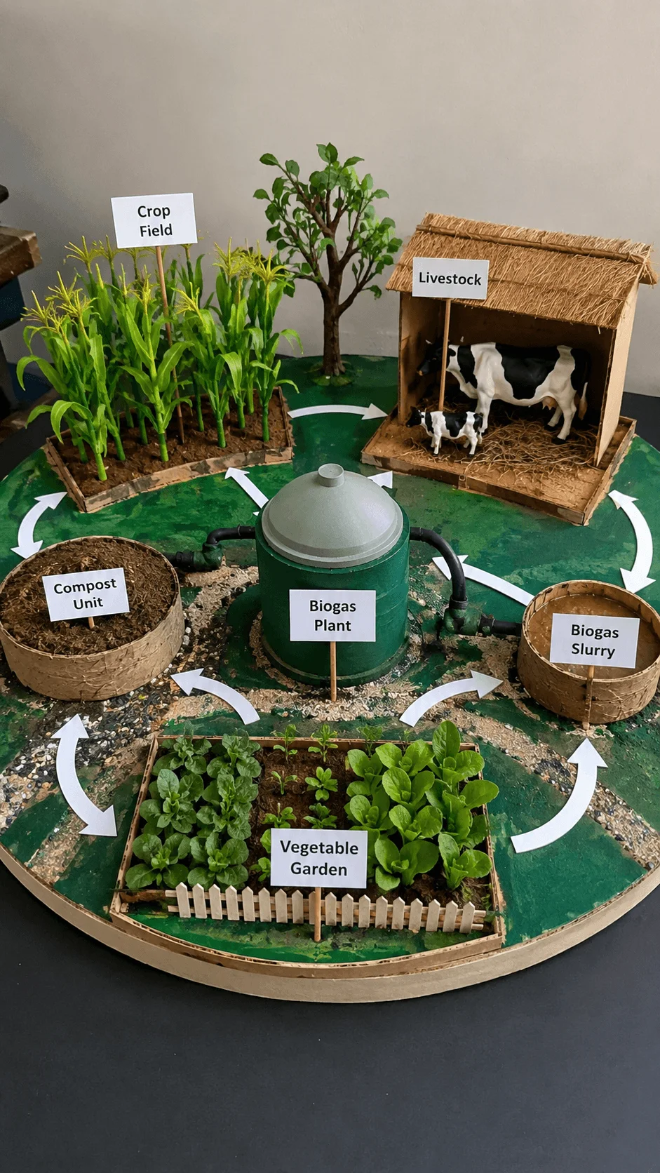 Circular agriculture working model showing an integrated farming system with crop fields livestock biogas plant compost unit biogas slurry and vegetable garden connected through a sustainable resource recycling cycle