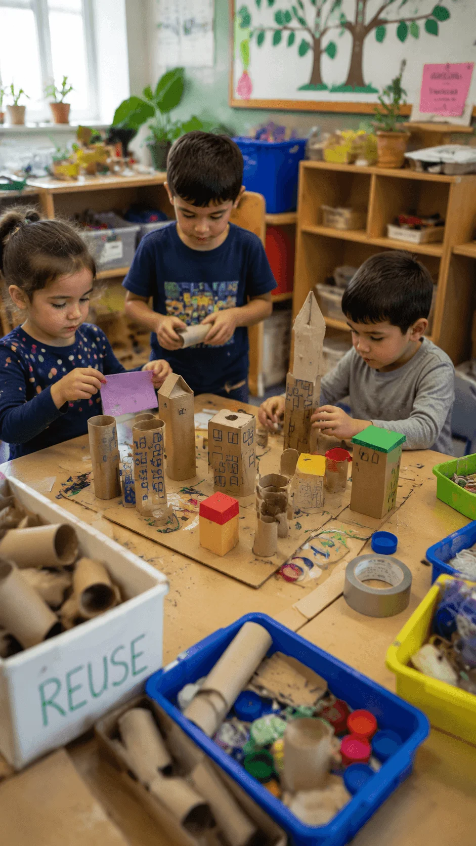 Children creating recycled artwork in a circular art studio using reusable materials and creative eco friendly crafts in a kindergarten classroom