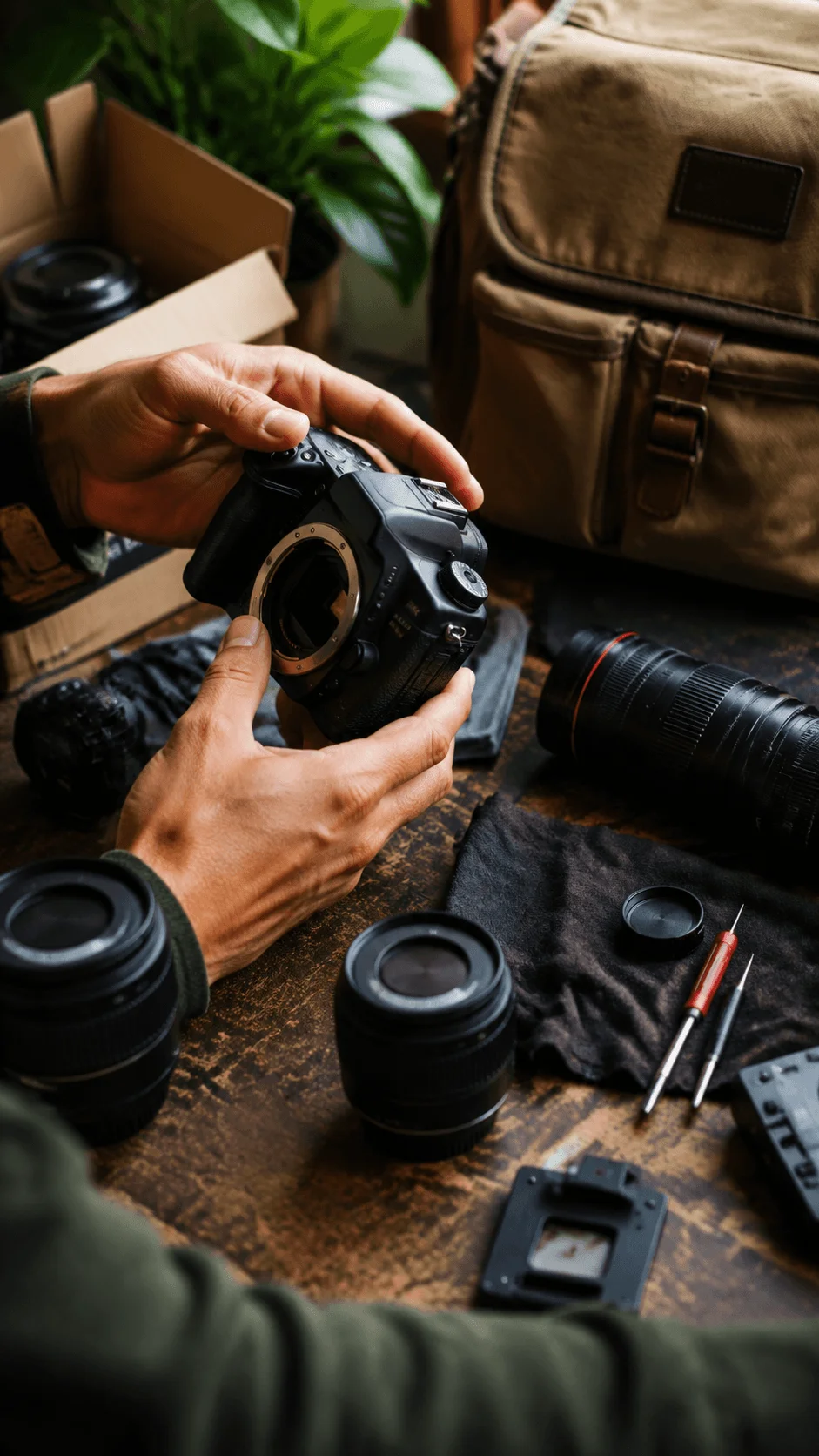 Photographer repairing and organizing camera equipment with lenses, tools, and gear on a creative workspace table