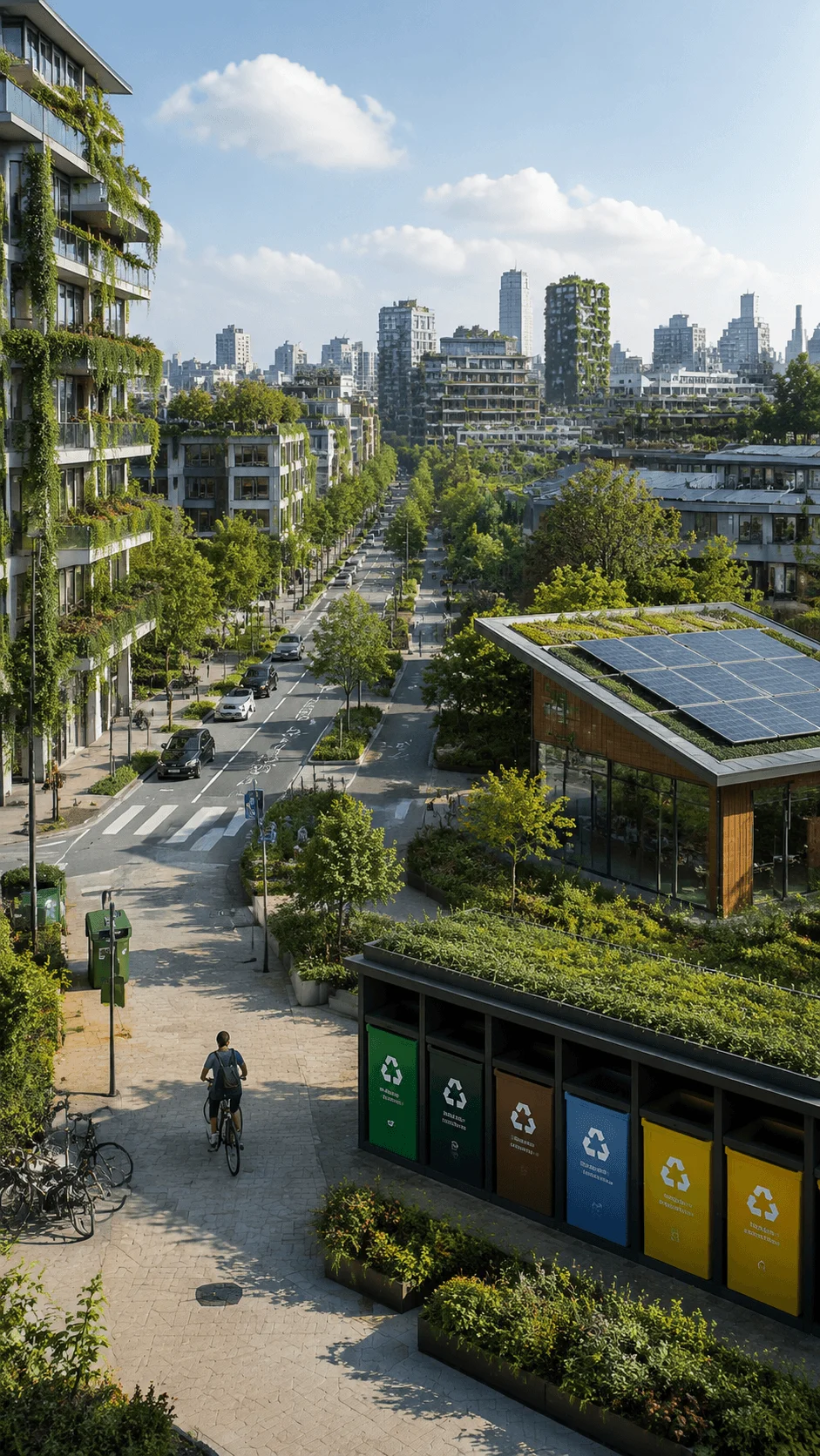 Circular city with green buildings solar powered community recycling stations bicycle friendly streets urban gardens and sustainable zero waste infrastructure under a clear sky