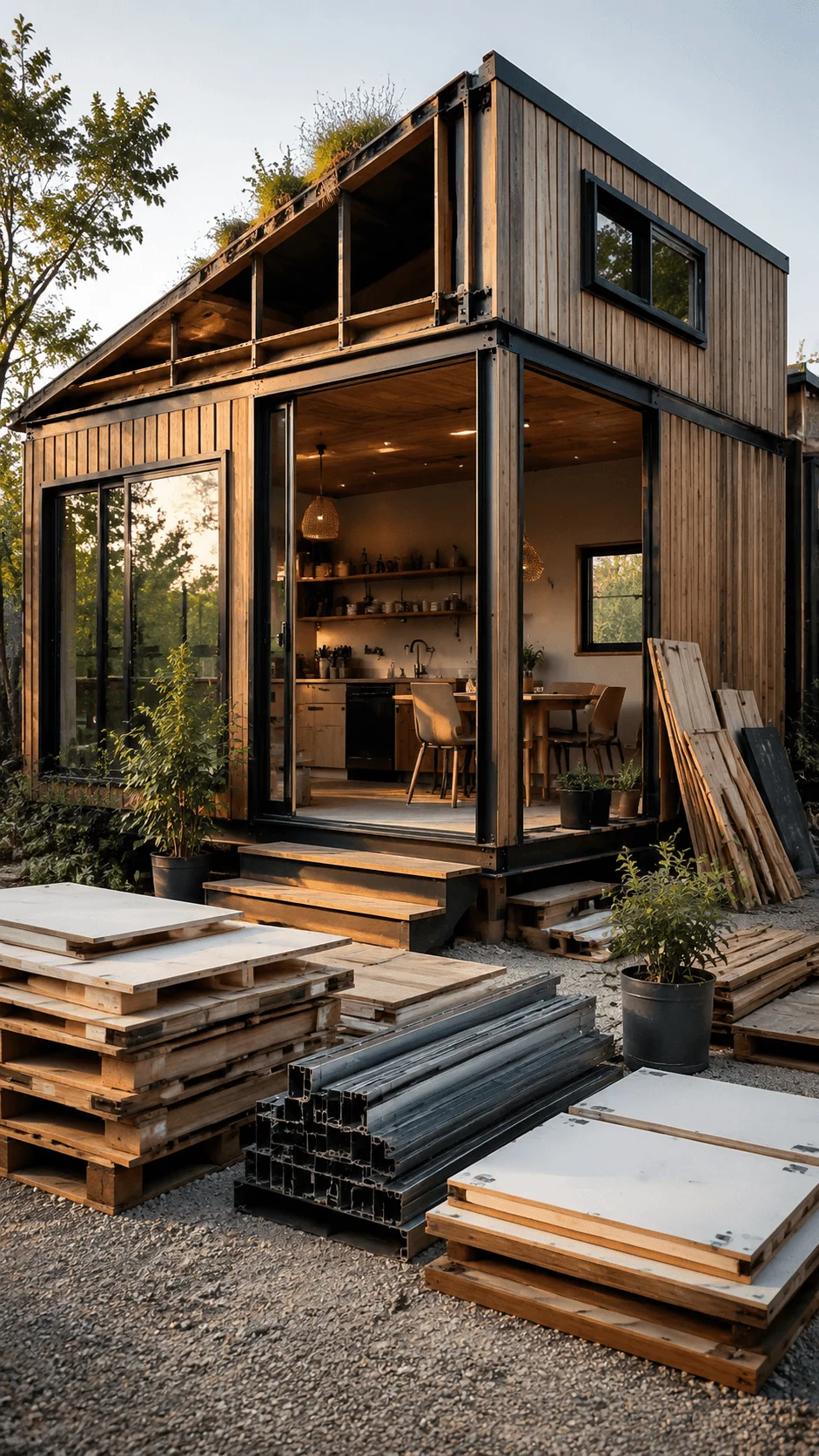 Circular design using reusable building components with a sustainable mini house made from reclaimed materials and modular construction elements