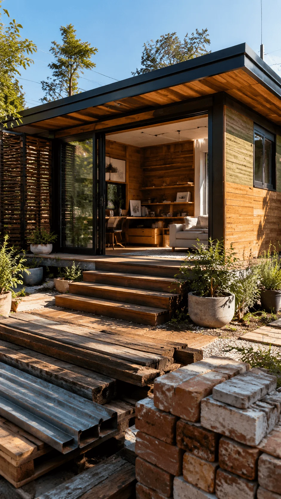 Circular economy sustainable ADU built with reclaimed wood recycled bricks reusable building materials modular construction adaptable design and eco friendly architecture focused on reducing construction waste