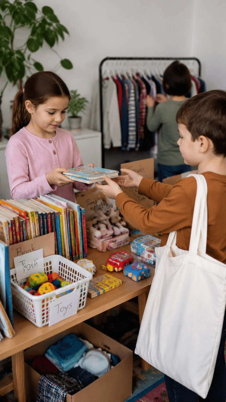 Children exchanging books toys and clothes in a circular economy activity promoting reuse sharing and sustainable consumption habits