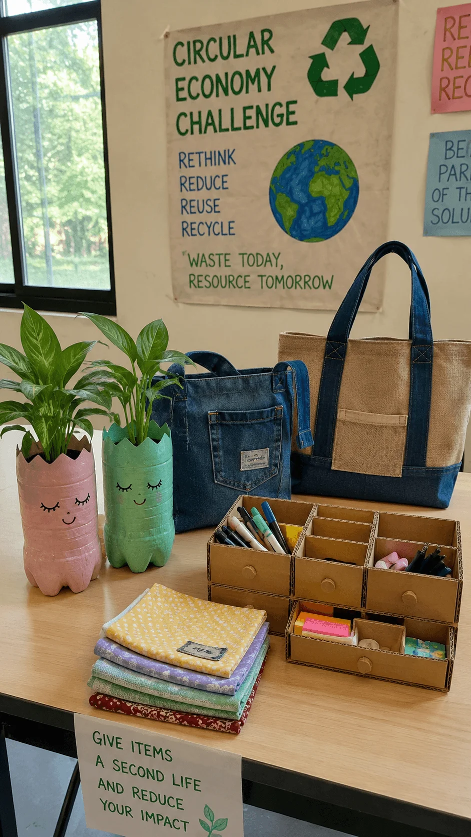 Display of a circular economy challenge featuring creative upcycled products including planters made from plastic bottles tote bags made from reused fabric and a cardboard desk organizer promoting reuse recycling and waste reduction.