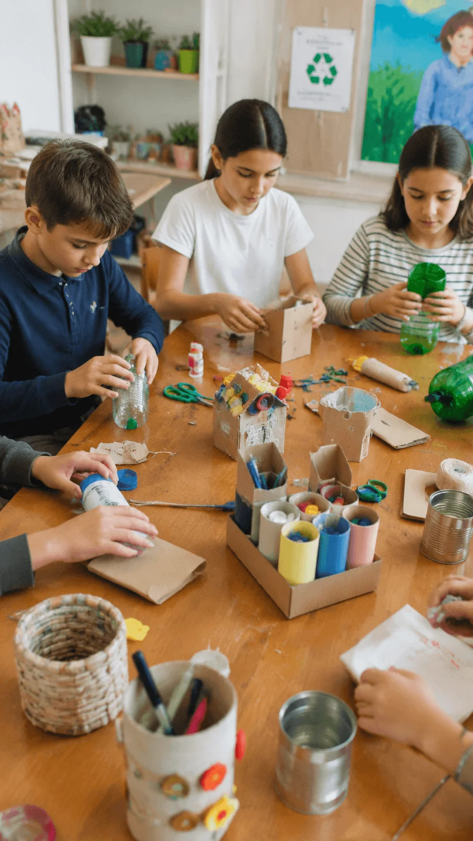 Children creating recycled crafts during a circular economy design challenge using bottles cardboard and other reusable materials in a classroom setting
