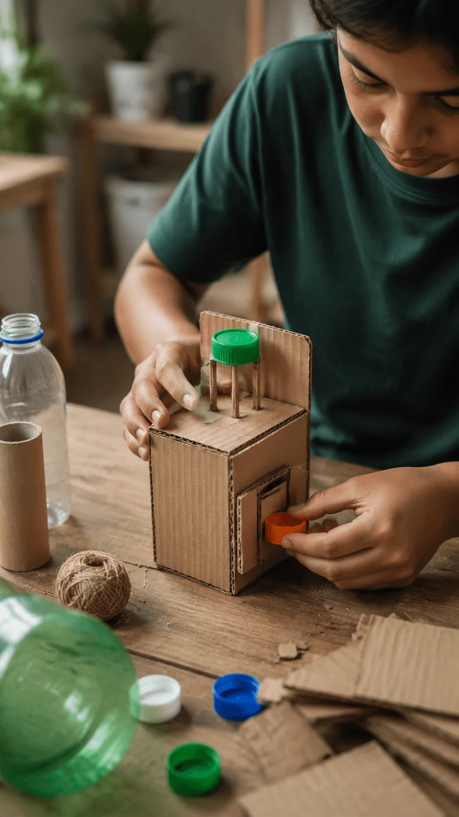 Student creating a circular economy design project using recycled cardboard and plastic materials to build a sustainable model product